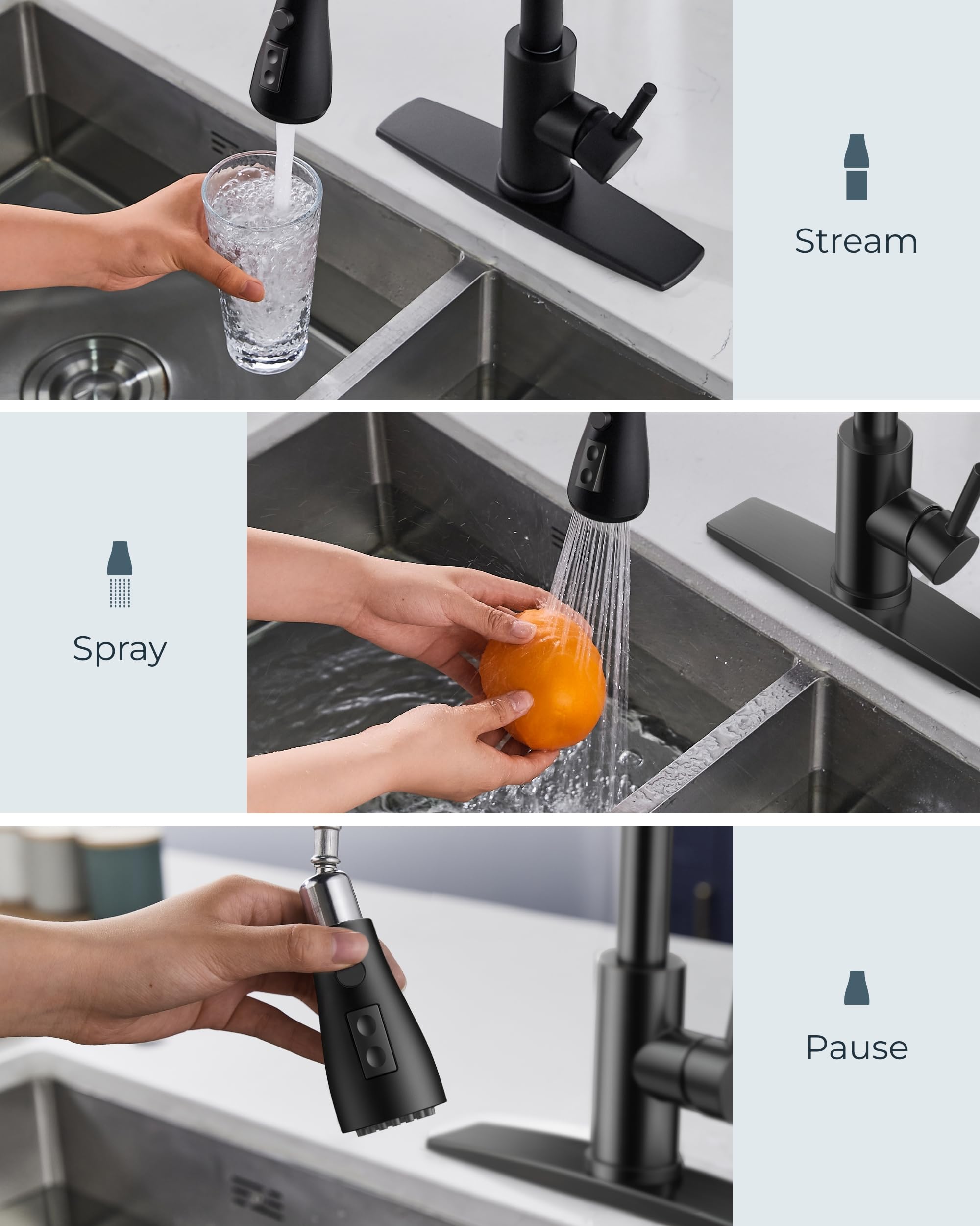 Forious Black Kitchen Faucet With Soap Dispenser And Pull Down Sprayer, High Arc Single Handle Classic 3 Modes Stainless Steel Faucet For Kitchen Sink Farmhouse Rv Bar Laundry Camper