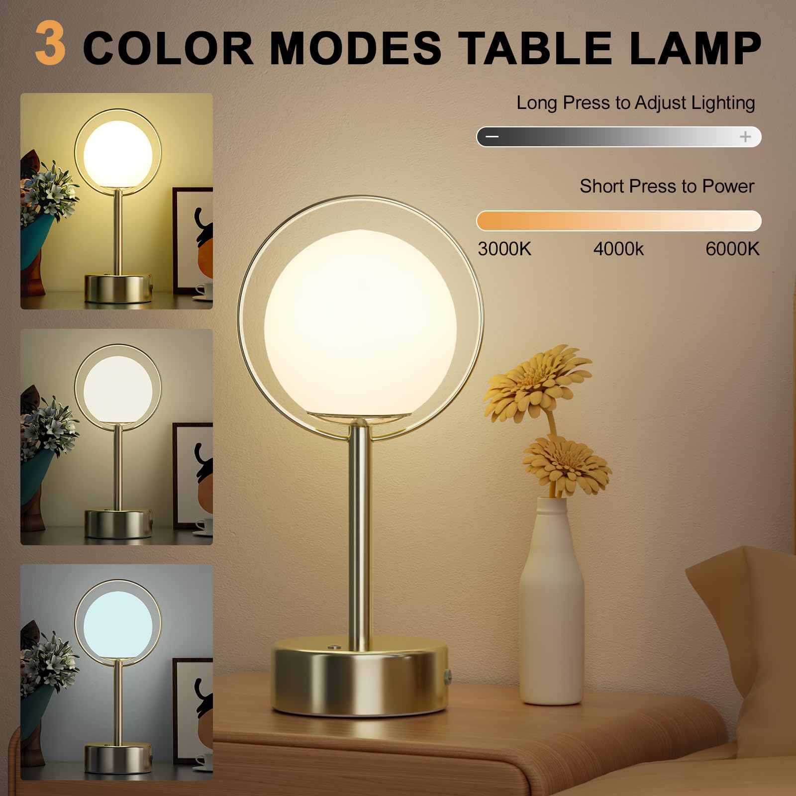 Fuzzbopn Table Lamp-1 Pack 5000 Mah Battery Operated Lamp, Dimming Touch Control Gold Lamp With 3 Color Temperature, Rechargeable Table Lamp For Living Room, Outdoor/Indoor, Bedroom, Restaurant