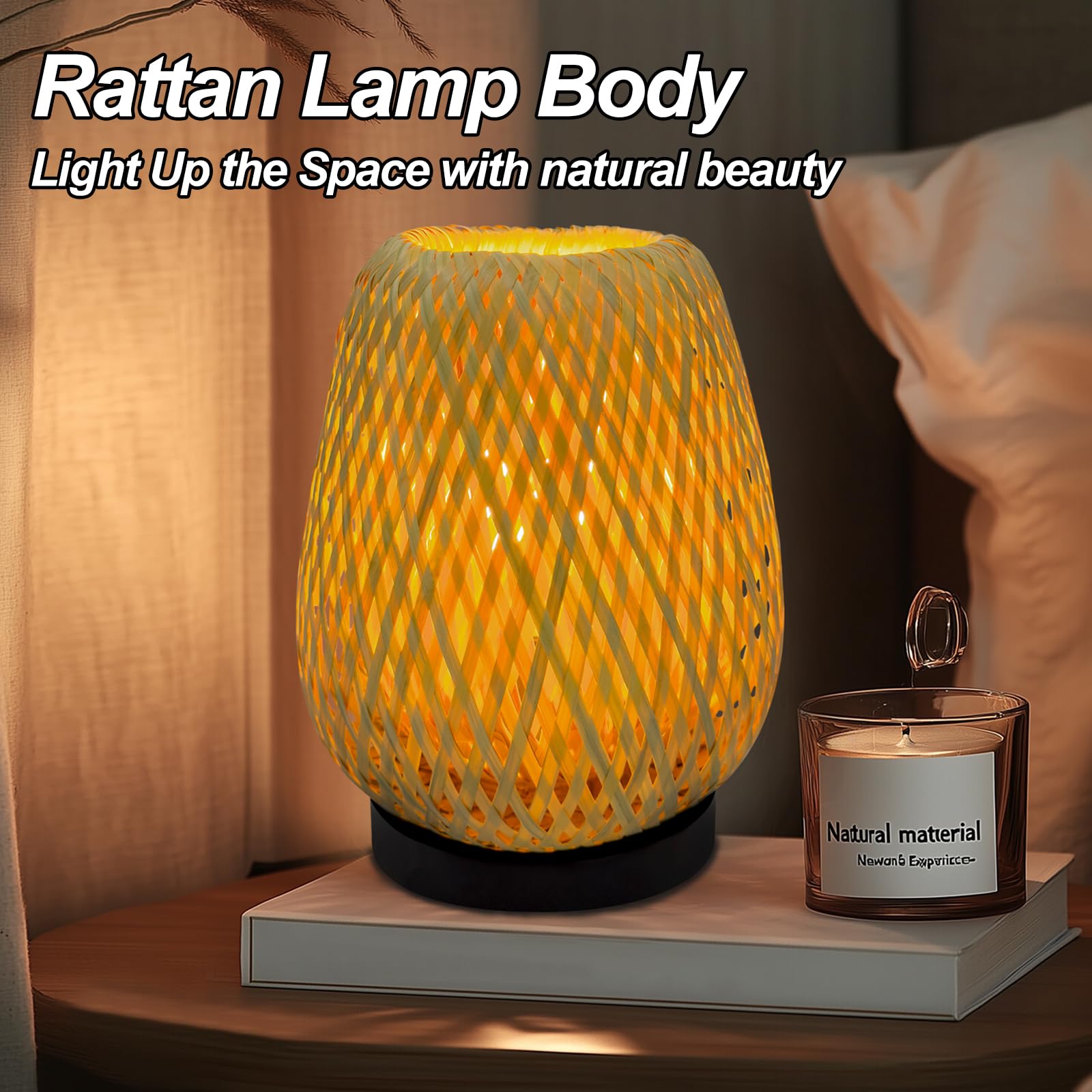 Jriceskiz Dimmable Rattan Table Lamp, Handmade Boho Woven Nightstand Lamp, Adjustable Warm Glow For Bedroom, Living Room, And Home Decor