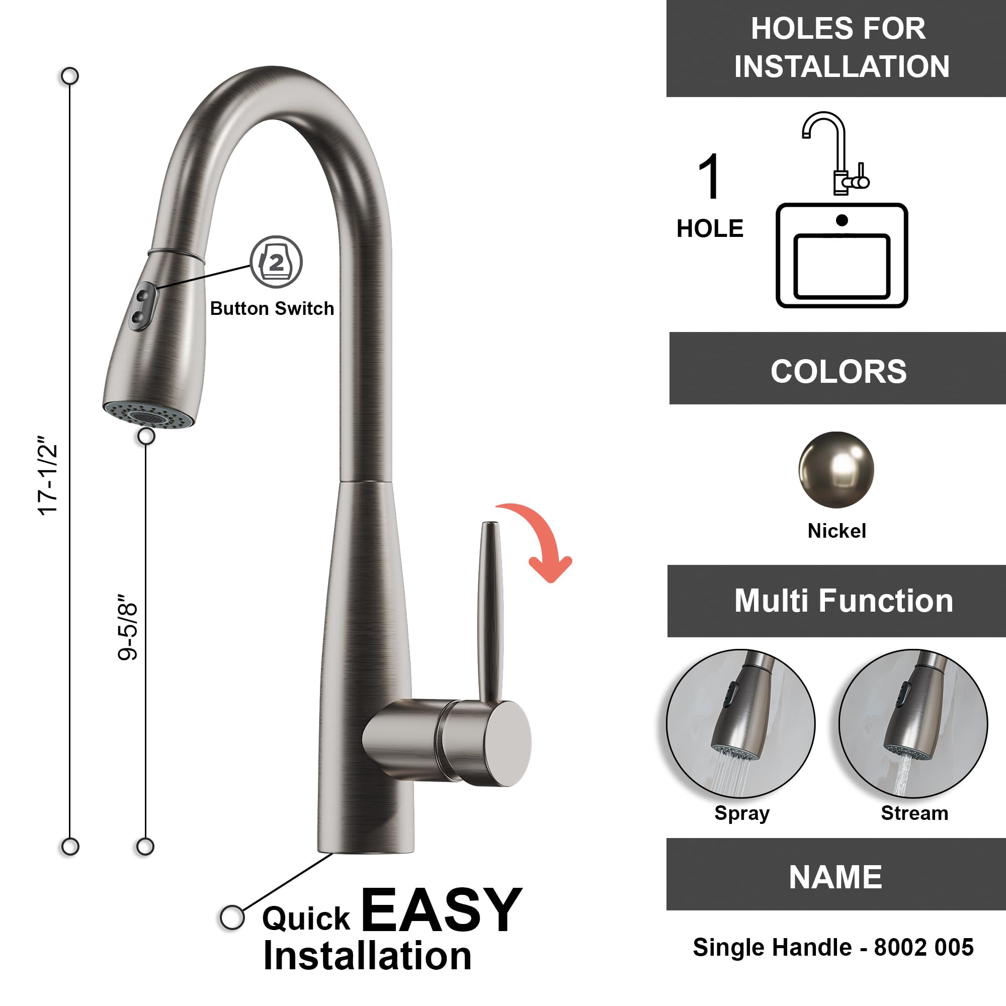 Dowell Kitchen & Bath Dowell Kitchen Faucet  Stainless Steel  Pull-Out Kitchen Faucet  Premium Quality High Arc Single Handle  Solid Brass Construction Ada Compliant Brushed Nickel 8002 005 02