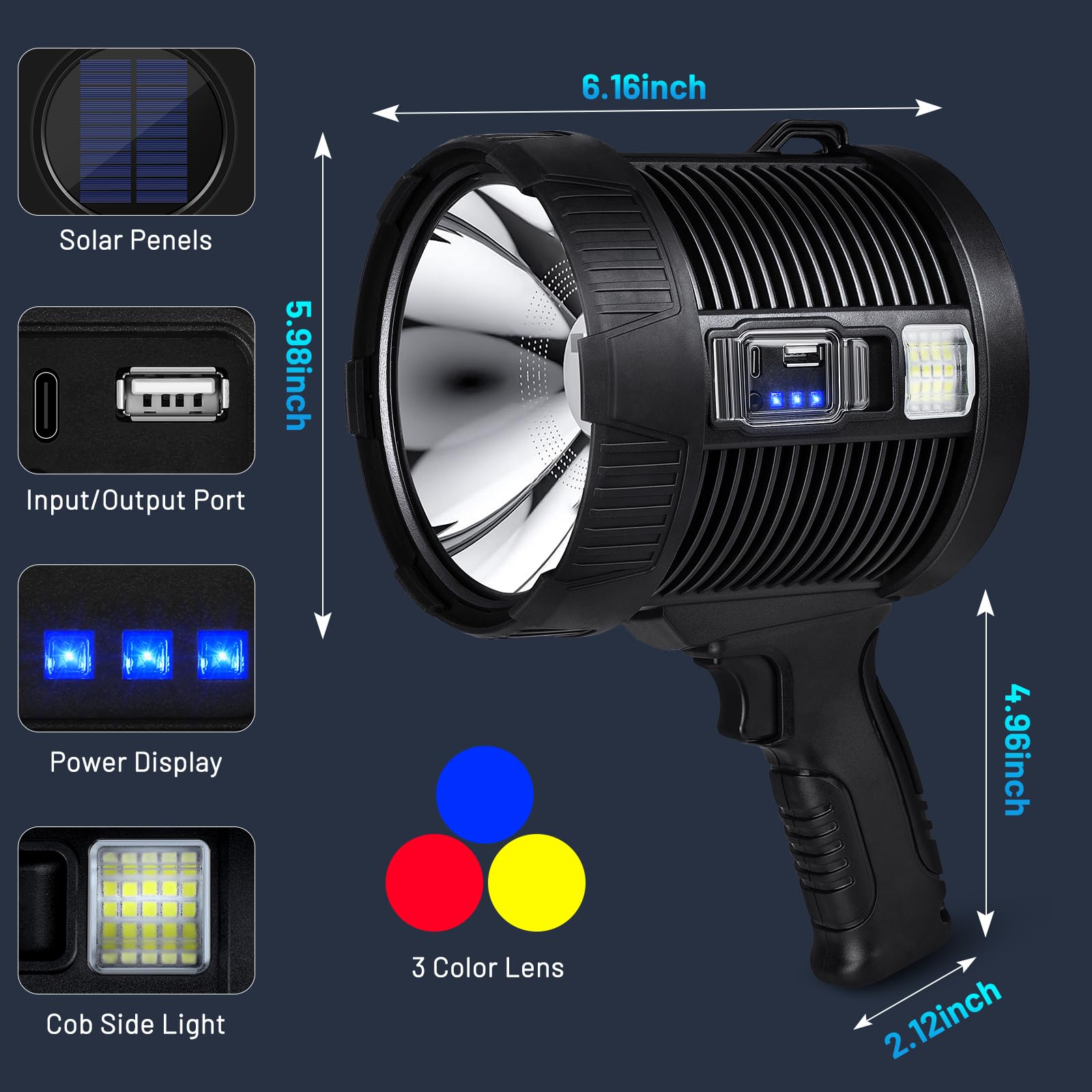 Crazybrace Spotlight Flashlight Outdoor, 990,000 Lumen Brightest Rechargeable Spotlight With Solar Panels & 6 Modes, Powerful Led Spotlights 30H Long Runtime, Large Handheld Spot Light For Boating Hunting