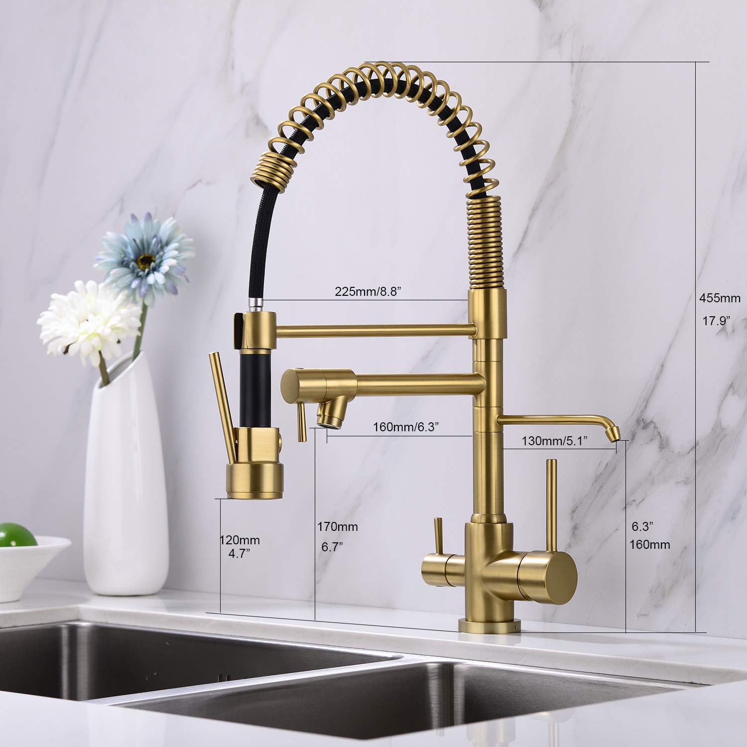 Delle Rosa Kitchen Faucet, 3 Way Drinking Water Faucet, 3 In 1 Water Purifier Faucets, High Arc And Dual Handles Commercial Kitchen Faucet Brushed Brass
