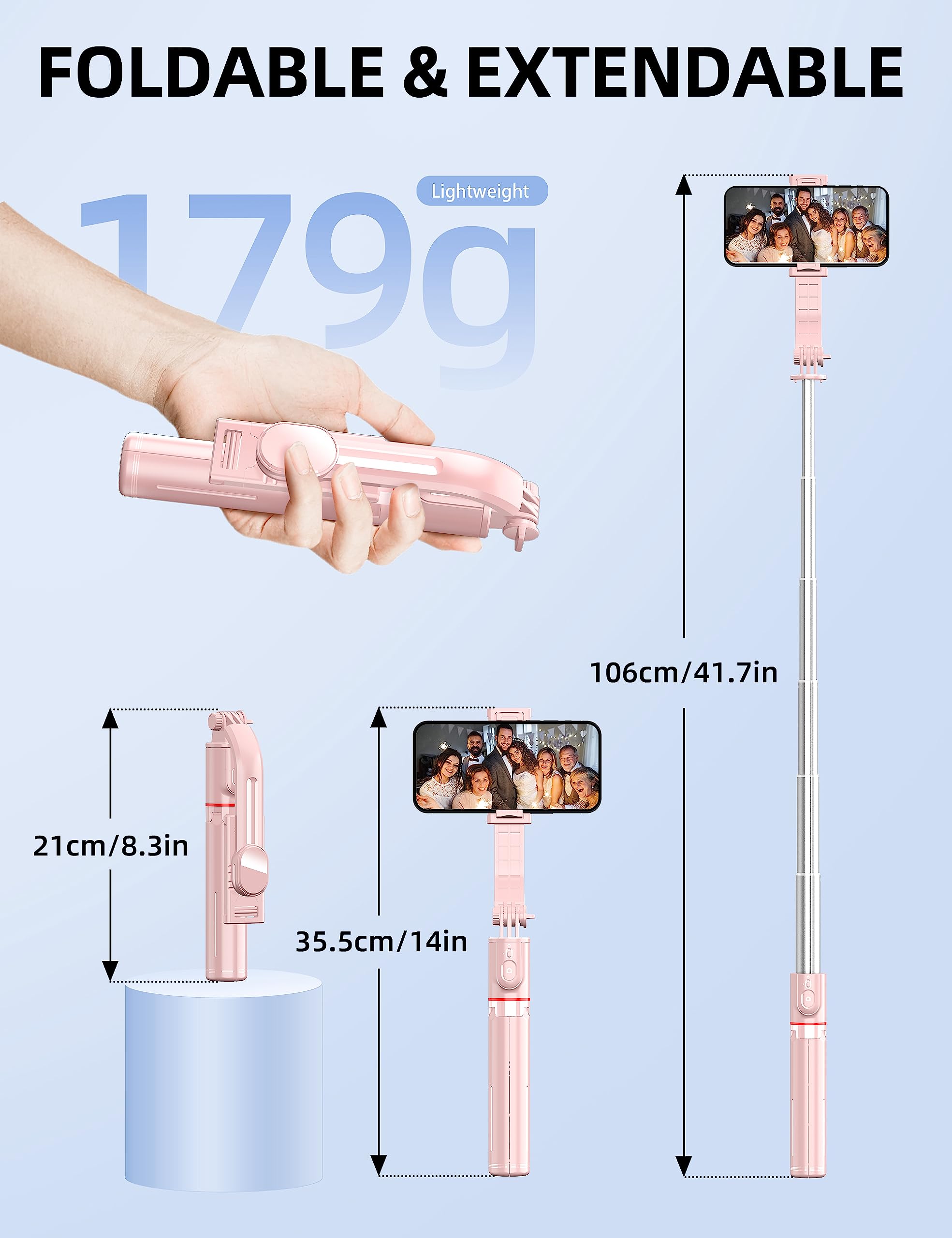 Selfieshow 41'' Phone For Tripod, Selfie Stick Tripod Stand With Wireless Remote Extendable Aluminum Cell Phone Tripod Stand 360°Rotate Lightweight & Portable Tripod Compatible With Iphone/Android (Pink)