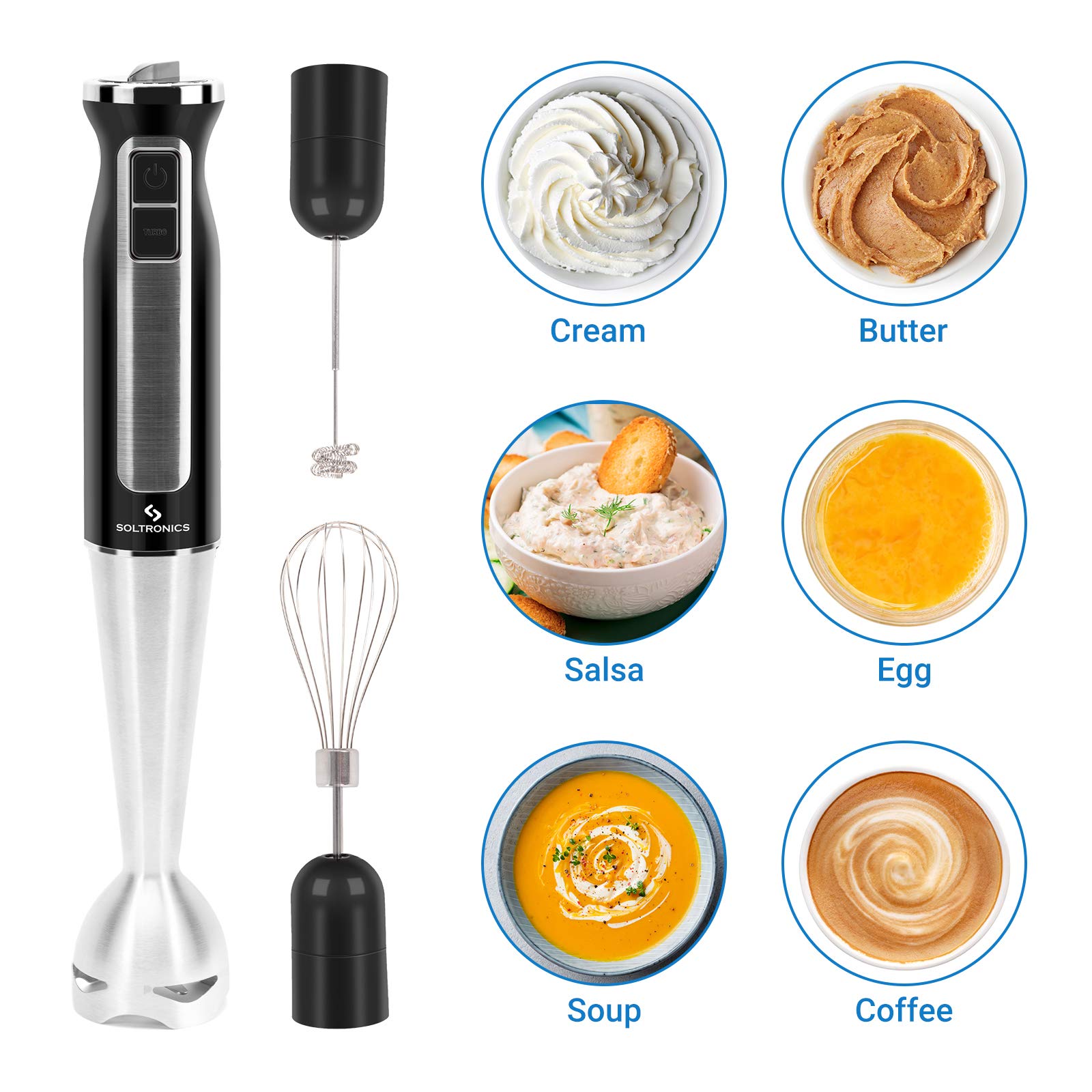 Soltronics 3-In-1 Hand Blender, 3-In-1, 8-Speed 500 Watts Stick Blender With Milk Frother, Egg Whisk For Smoothies, Coffee Milk Foam, Puree Baby Food, Sauces And Soups, Bpa-, Black