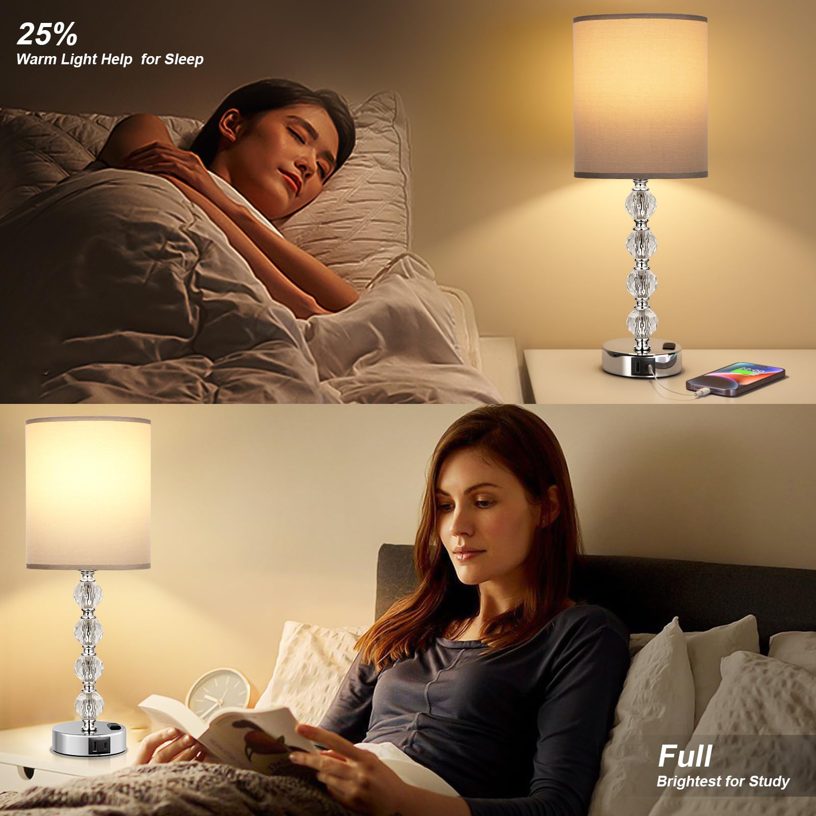 Acaxin Touch Bedside Crystal Lamps For Bedrooms Nightstand With Usb C+A Charging Port And Ac Outlet White, 3 Way Dimmable Silver Large End Side Table Lamp For Living/Dinning Room/Kitchen/Bedroom