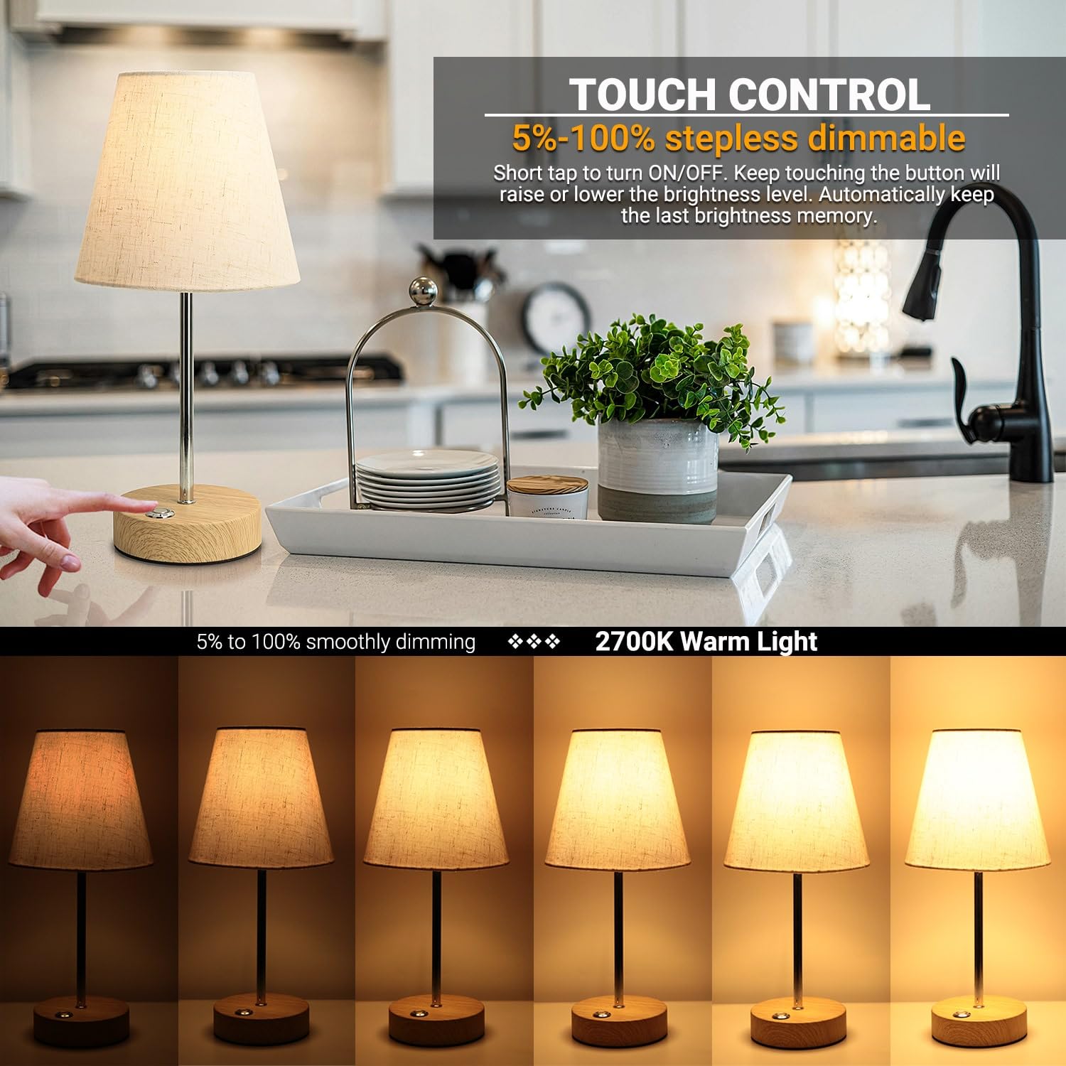 Milluxxi Cordless Lamp, 12'' Small Rechargeable Table Lamps 3000Mah Touch Control Brightness Stepless Dimmable Battery Operated Mini Fabric Shade Lamps For Living Room Dining Kitchen Counter Bedside Outdoor