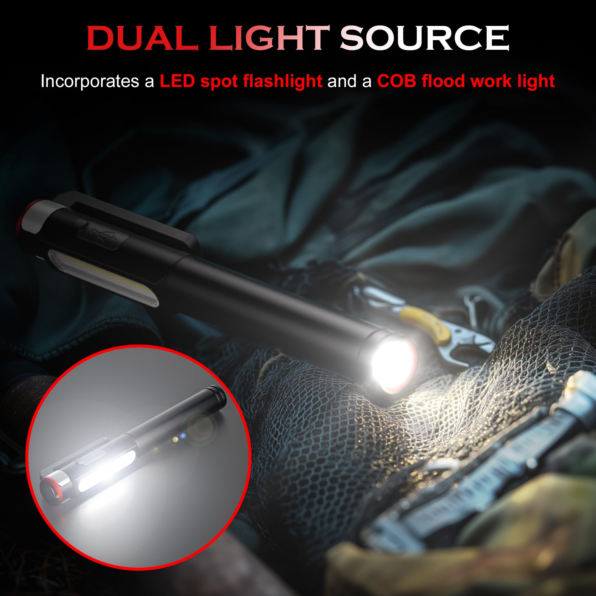 Favourlite Pen Light Flashlight, 800 Lumens Led Pen Flashlights Rechargeable 6 Modes Cob Magnetic Flashlight With Clip Bright Pocket Flashlights Work Light Portable Waterproof Durable Penlight For Nurse