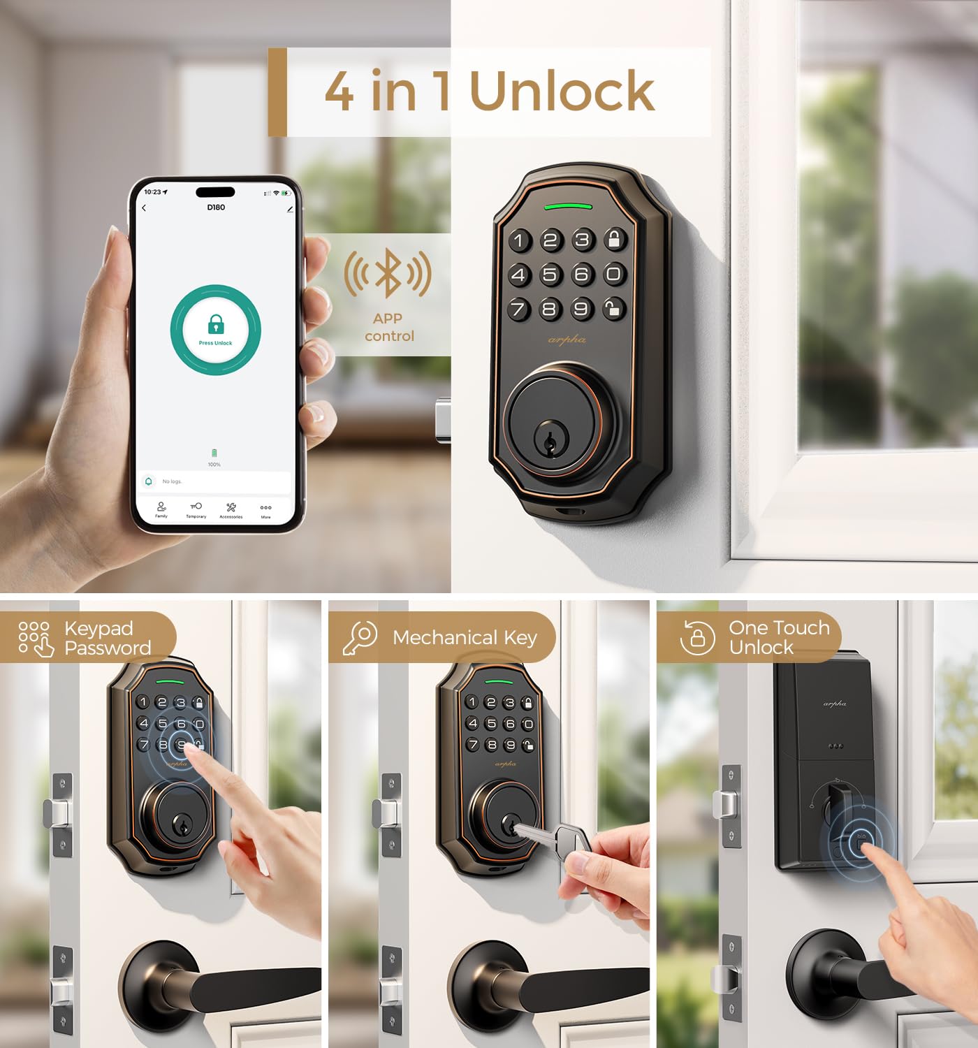 Arpha Keyless Entry Door Lock With 2 Handle Set - Bluetooth Smart Lock - Electrionic Keypad Door Lock With Handle - App Control Front Door Lock Set - Anti Peeping Password - Auto Lock