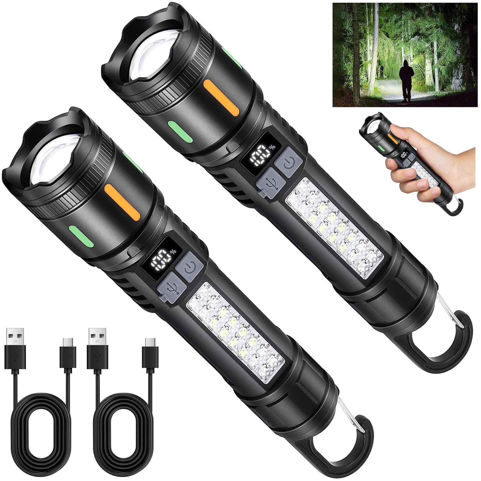 Ciwuzxs Rechargeable Led Flashlights High Lumens - 3000Lm Super Bright Utility Flashlight With Cob Sidelight And Hook, 5 Light Modes, Ipx6 Waterproof, For Camping, Repairs, And Home Emergencies. （2 Pack）