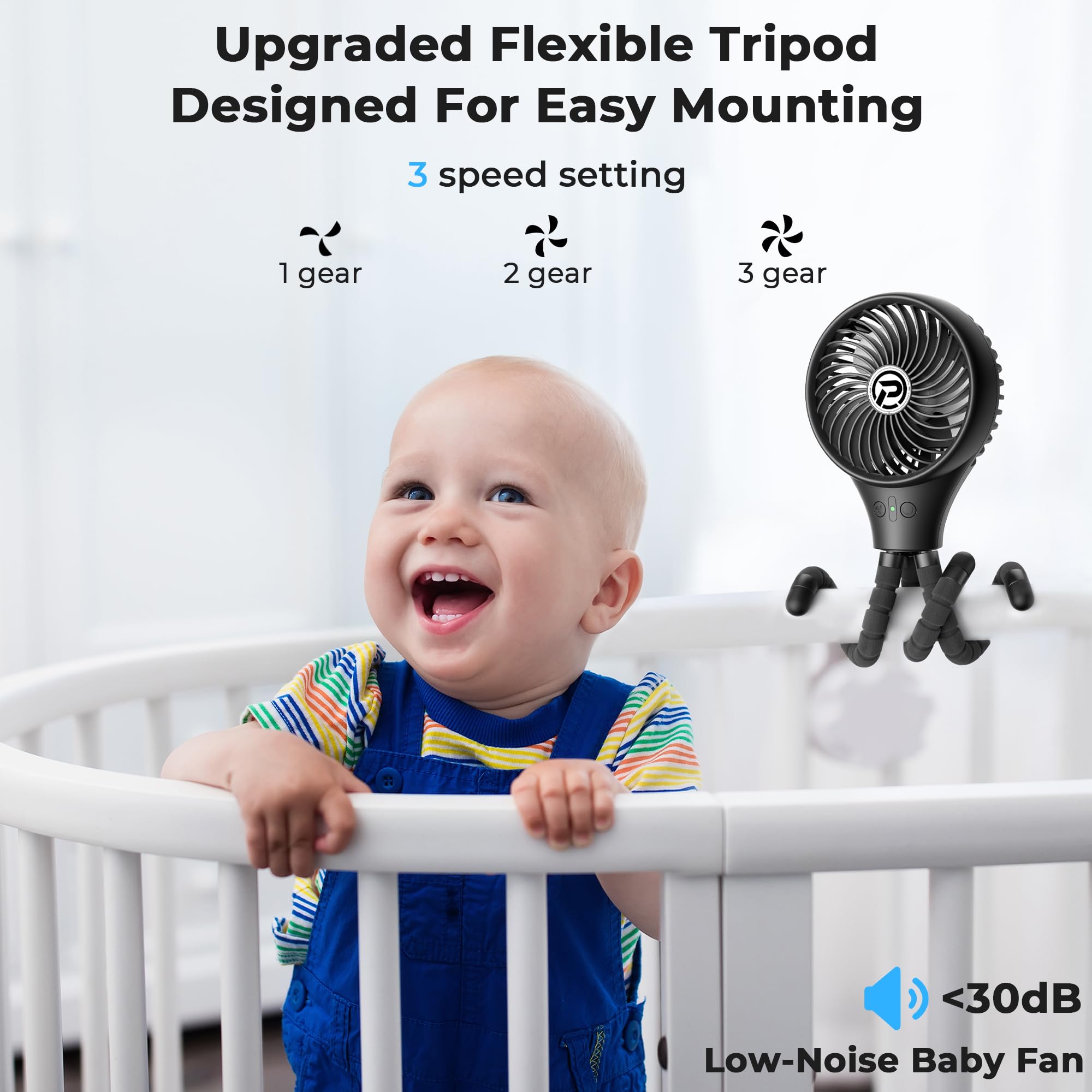 Panergy Baby Stroller Fan, Oscillating Mini Portable Fan, 3 Speeds Battery Operated Flexible Tripod