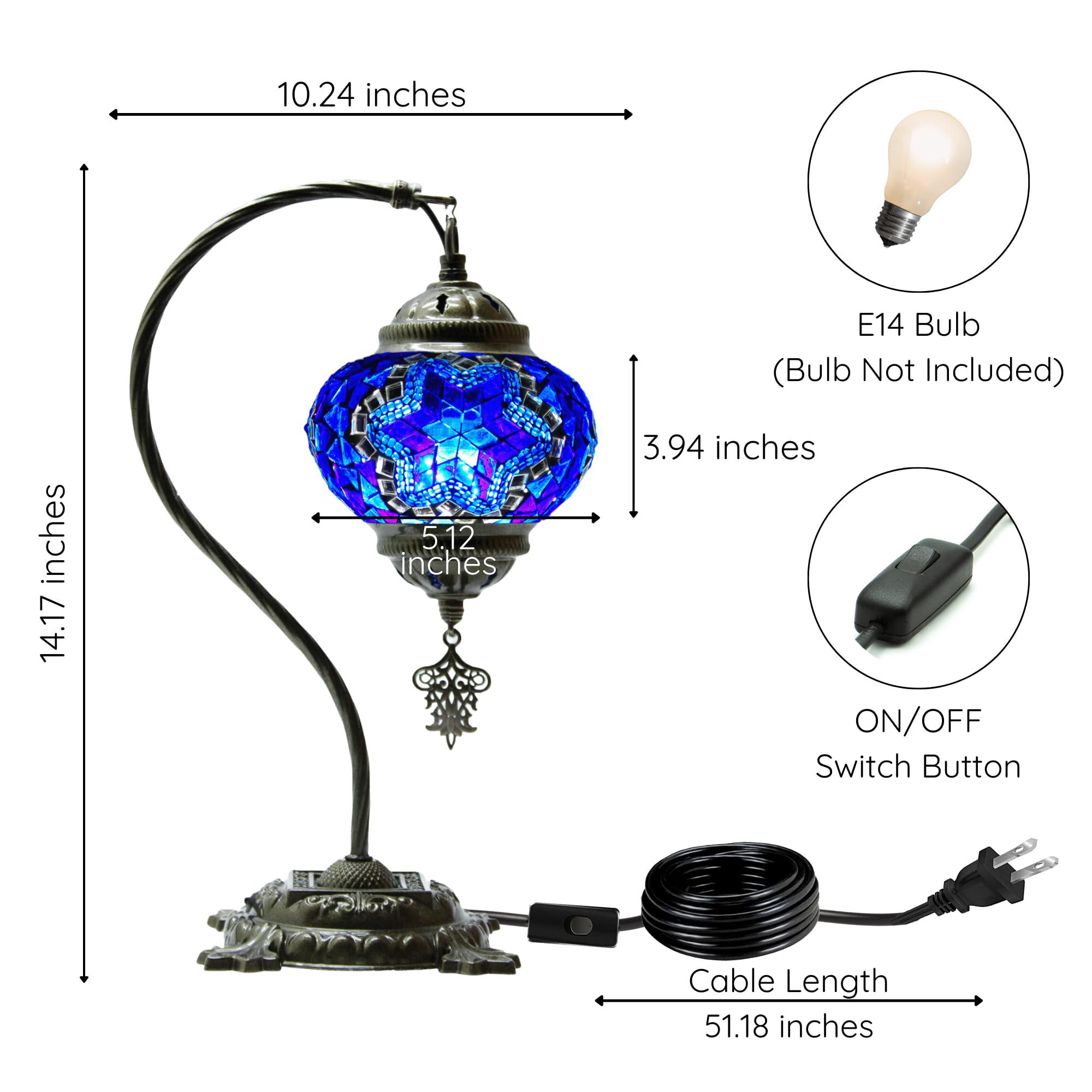 Byturkishlamps Turkish Mosaic Handmade Blue Lamp, Moroccan Swan Neck Table Tiffany Boho Lamps, Bedside Bohemian Rustic Gooseneck Light For Bedroom, Living Room Us Plug & E14 Socket (Azure Glow)