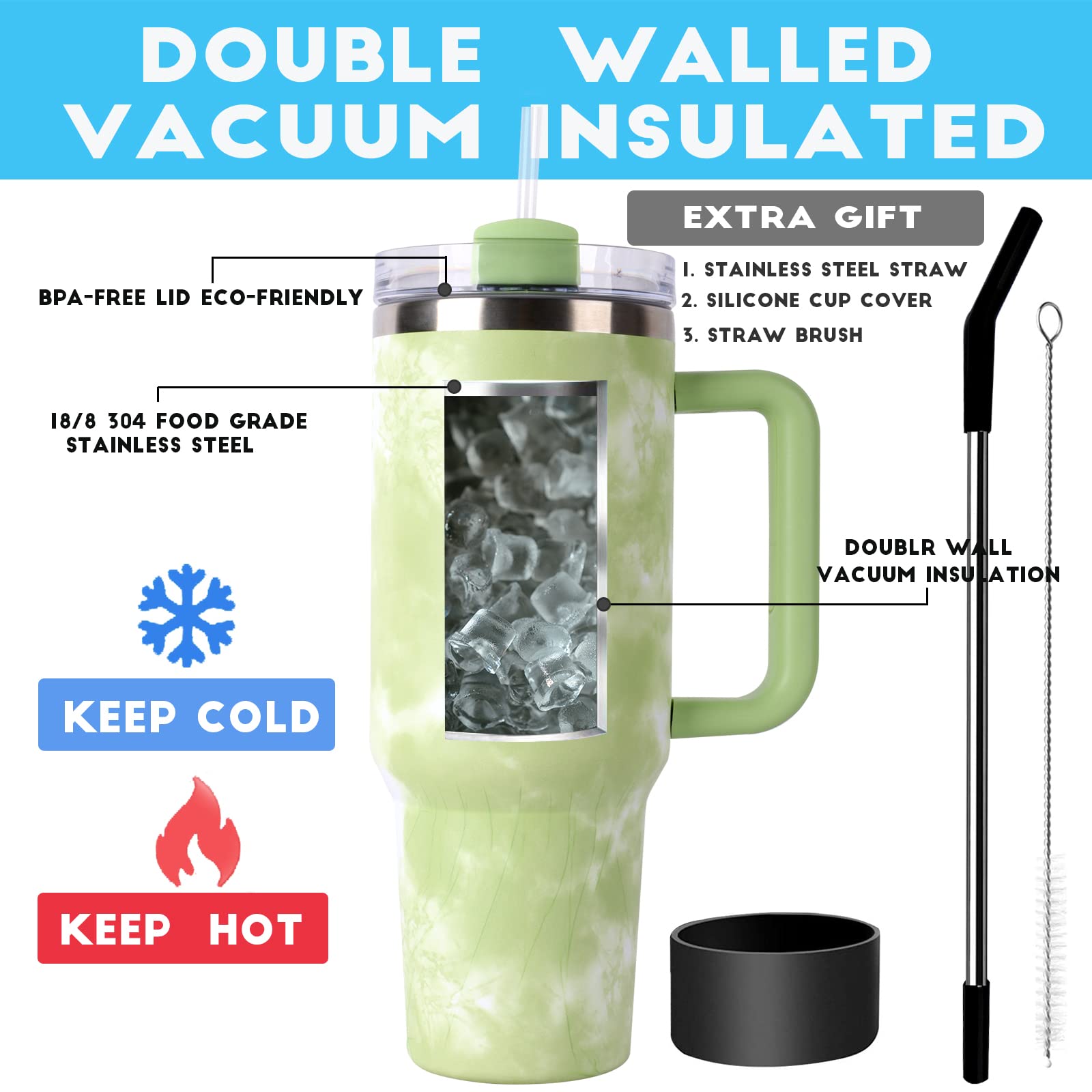 40 Oz Tumbler With Handle And Straw Lid,Stainless Steel Travel Mug Water Bottle Cup,Reusable