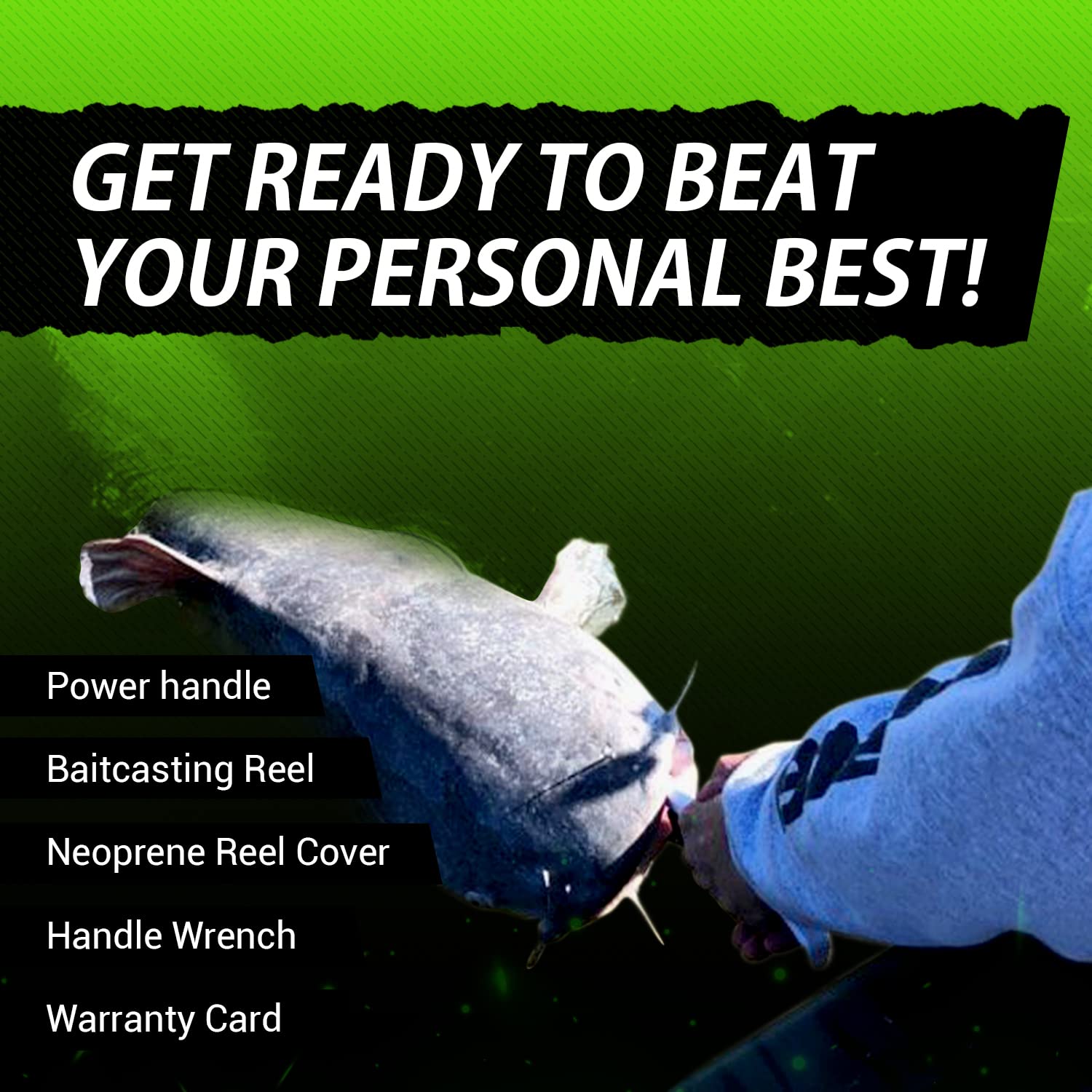 Catfish Sumo Heavyweight Champions Catfish Baitcaster Reel – Round With Loud Bait Clicker, Steel Bearings, Carbon Disc Drag, Thickened Metal For Big Cat Fish + Power Handle + Neoprene Cover