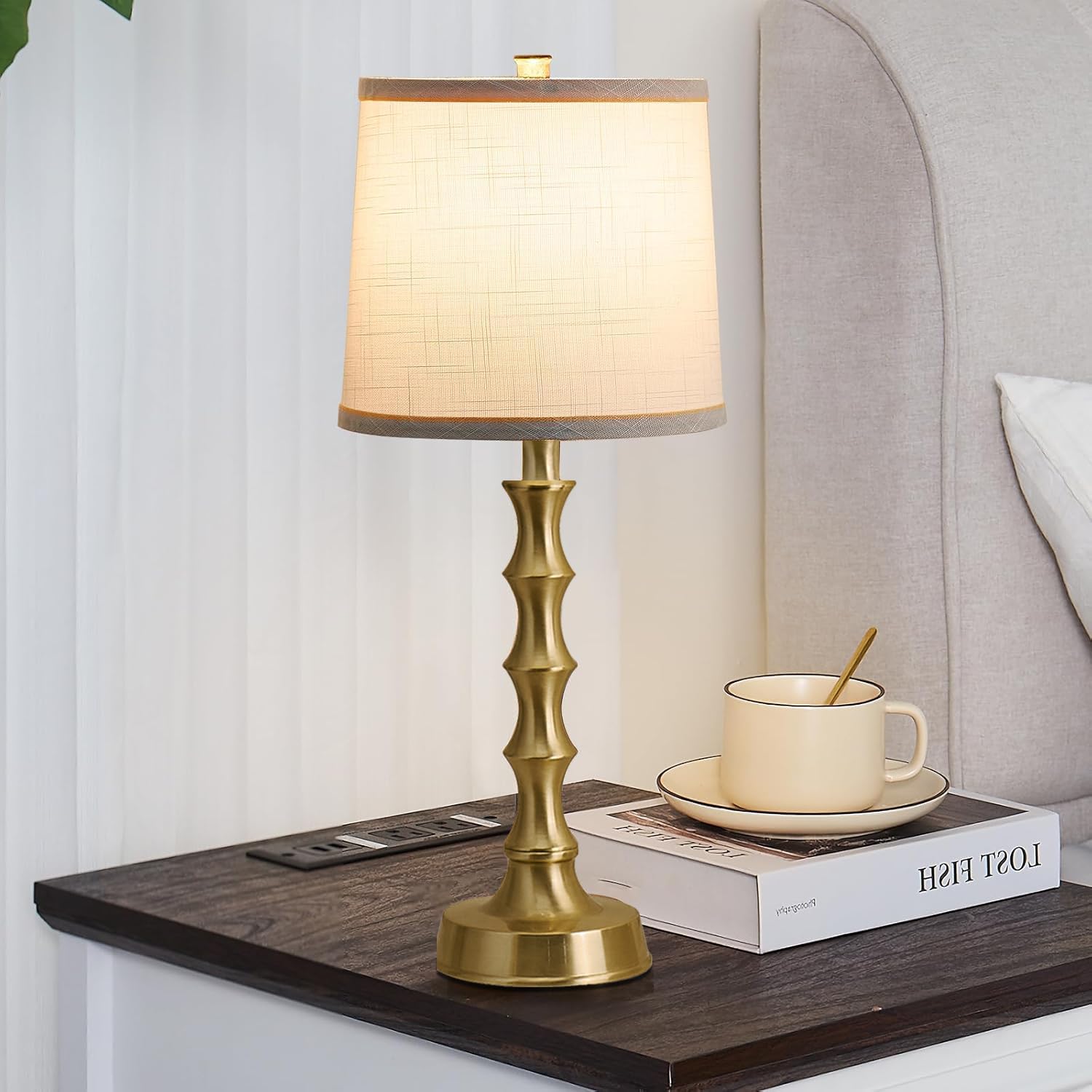 Hgnpjc Set Of 2 Gold Table Lamps, 24" Electroplated Gold Bamboo Base With White Linen Shade, Compact Nightstand Lamps For Bedroom, Living Room, Office Decor