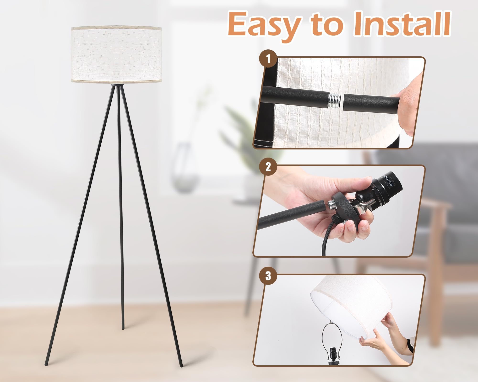Yorkcare Tripod Floor Lamp, Black Modern Mid Century Standing Lamp Tripod Floor Lamps With Flaxen Drum Shade, Foot Switch For Living Room, Bedroom, Office, Includes E26 Led Bulb