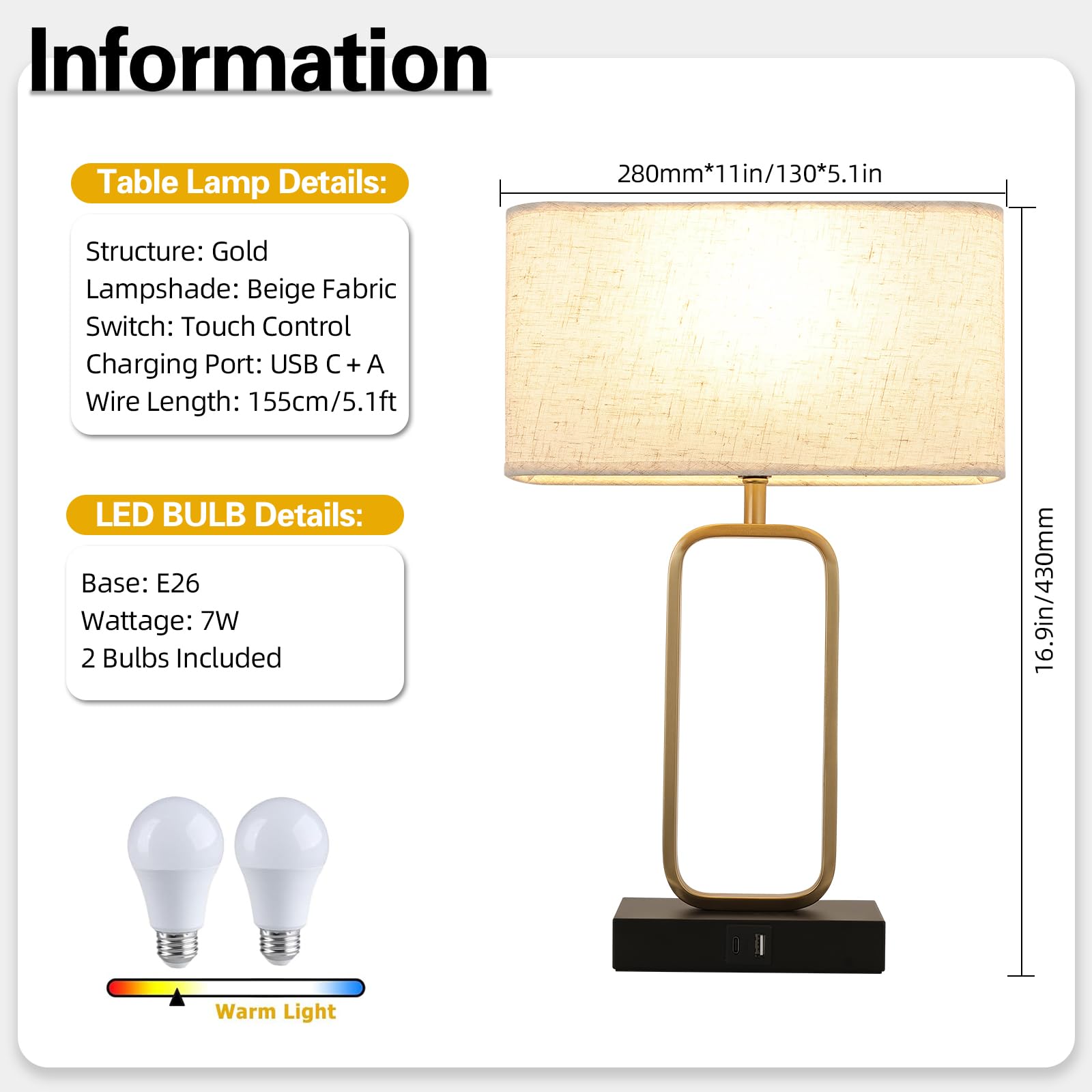 Ruhaieba Bedside Table Lamps Set Of 2 - Touch Gold Lamps For Night Stand, 3-Way Dimmable Bedroom Lamp For Living Room Office Reading(3000K Led Bulb Included)