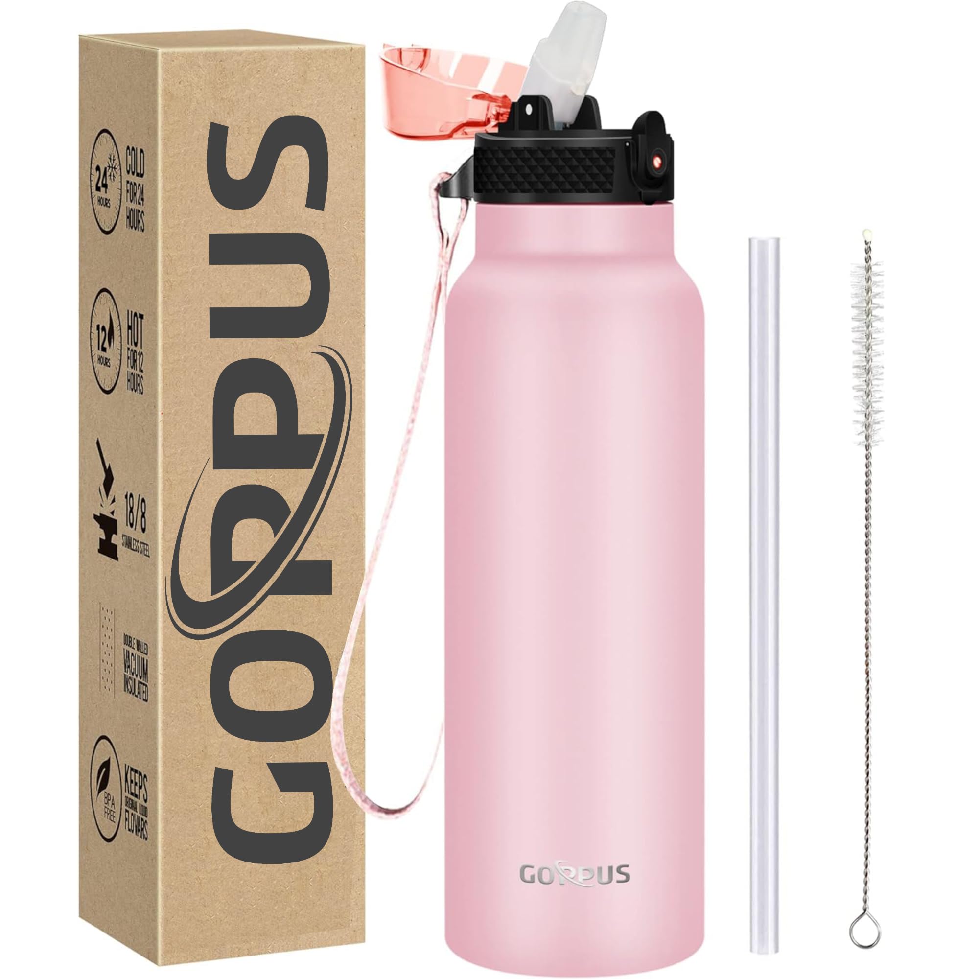 Goppus 24 Oz Insulated Double Wall Vacuum Water Bottle With Straw Stainless Steel Sports Water Cup