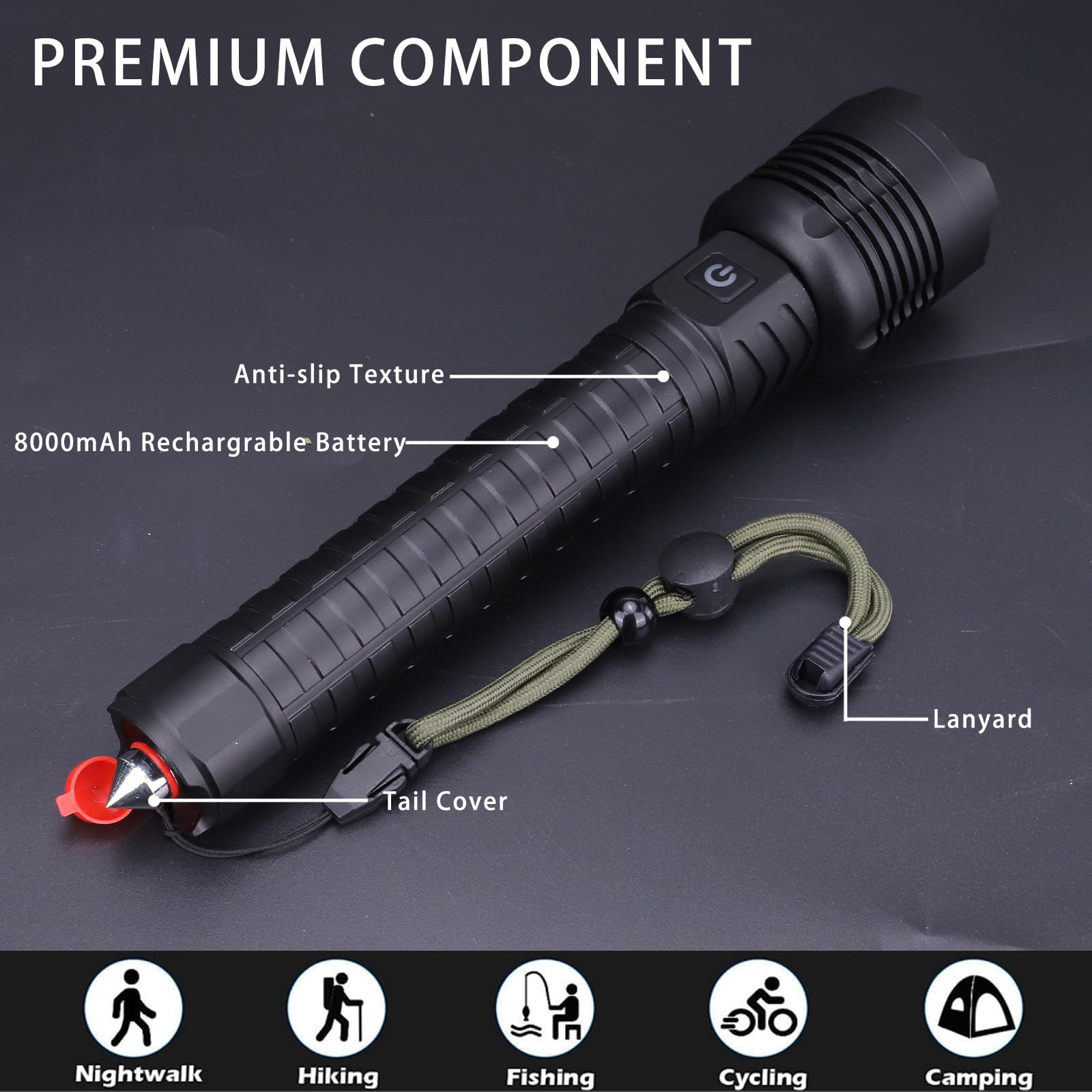 Helmut Rechargeable Led Flashlights 12000 Lumens Flashlight 9.3In Handheld Flashlights Ip44 Waterproof Zoomable 5 Modes Waterproof Flash Lights For Emergency, Outdoor, Home, Camping, Hiking(Battery )