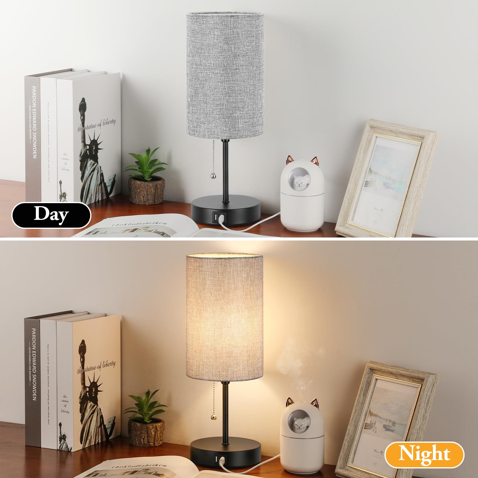 Lakumu Modern Table Lamps Set Of 2, Grey Fabric Shade And Black Metal Base For Living Room Bedroom Office Reading Dorm Hotel