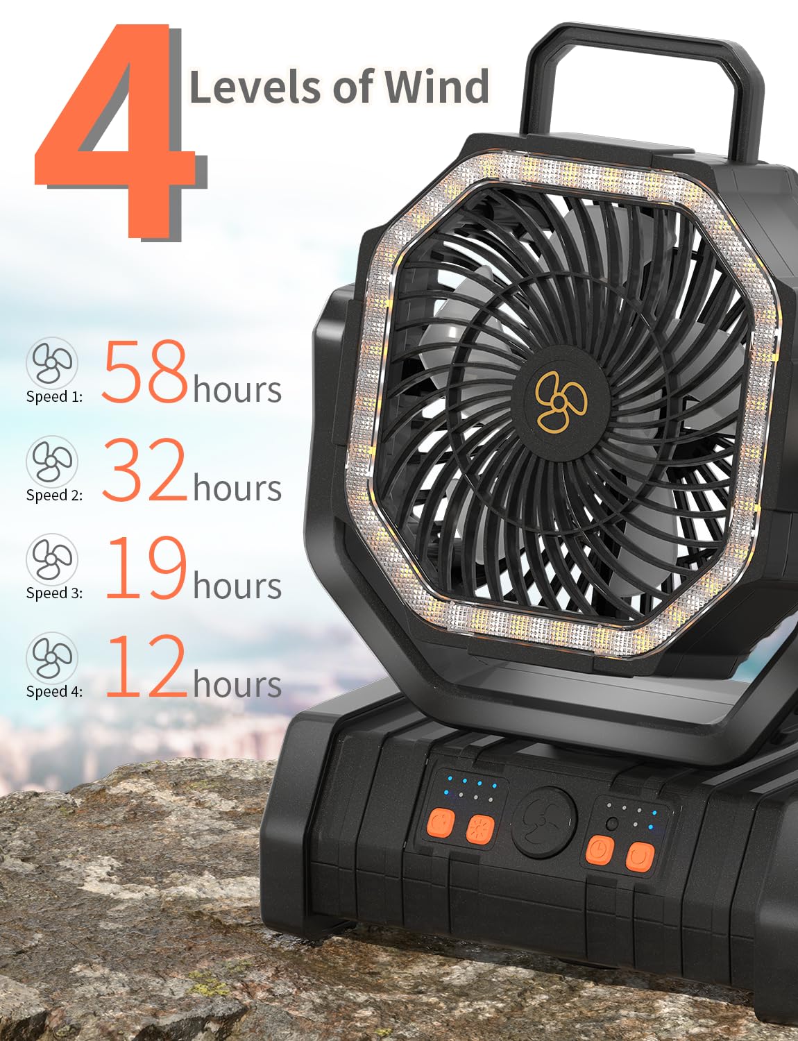Battery-powered portable fan with LED light, perfect for camping tents and outdoor activities with cooling and lighting