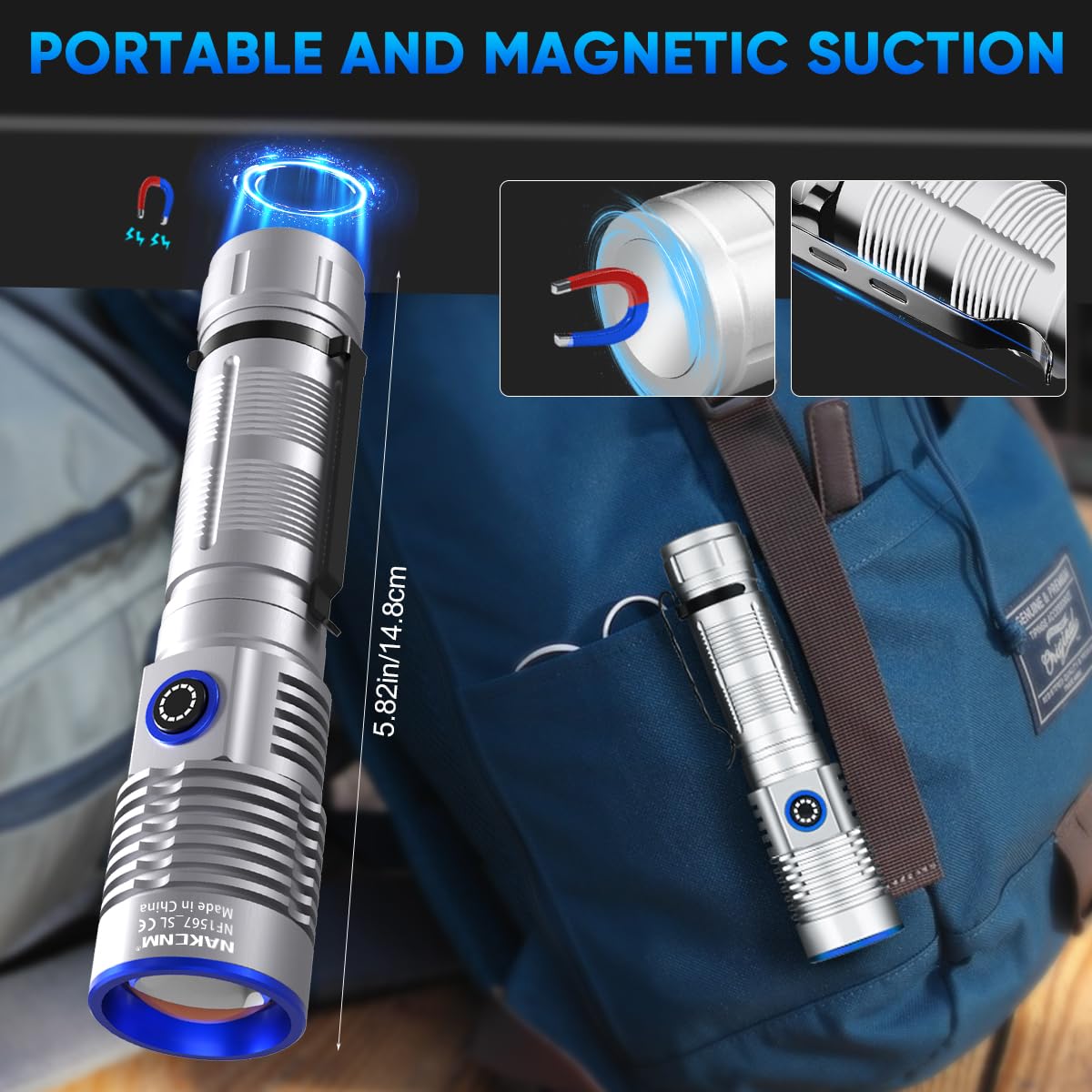 Nakcnm Rechargeable Flashlight 25000 Lumens 4 Modes Magnetic Led Flashlights High Lumens With Clip&Diffuser Flash Lights Lantern For Home Camping(Black&Silver)