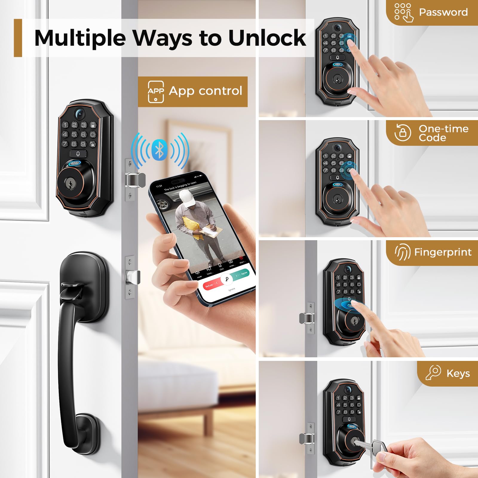 Arpha Keyless Entry Deadbolt With Handle Set - Wifi Smart Lock With Camera, 5-In-1 Camera+Doorbell+Fingerprint+Keypad, App Control, Auto Lock, Easy Install, Waterproof For Front Door