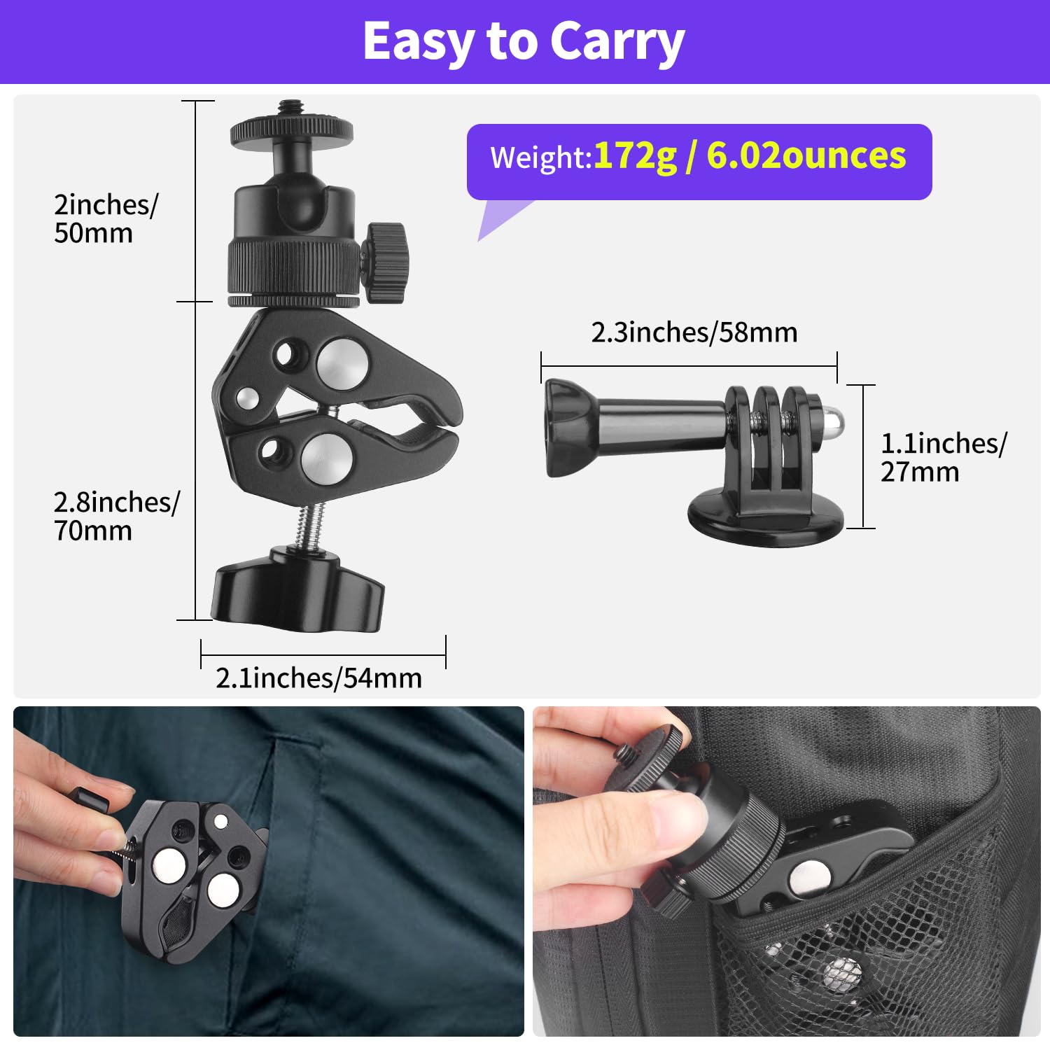 Jinsui Super Clamp Camera Mount With 360° Ball Head, Action Camera Adapter, 1/4"-3/8" Thread, 6.6 Lb/3 Kg Load-Bearing Motorcycle Bike Bicycle Pole Tube Tripod Desk Camera Mount For Light Insta360 Dslr