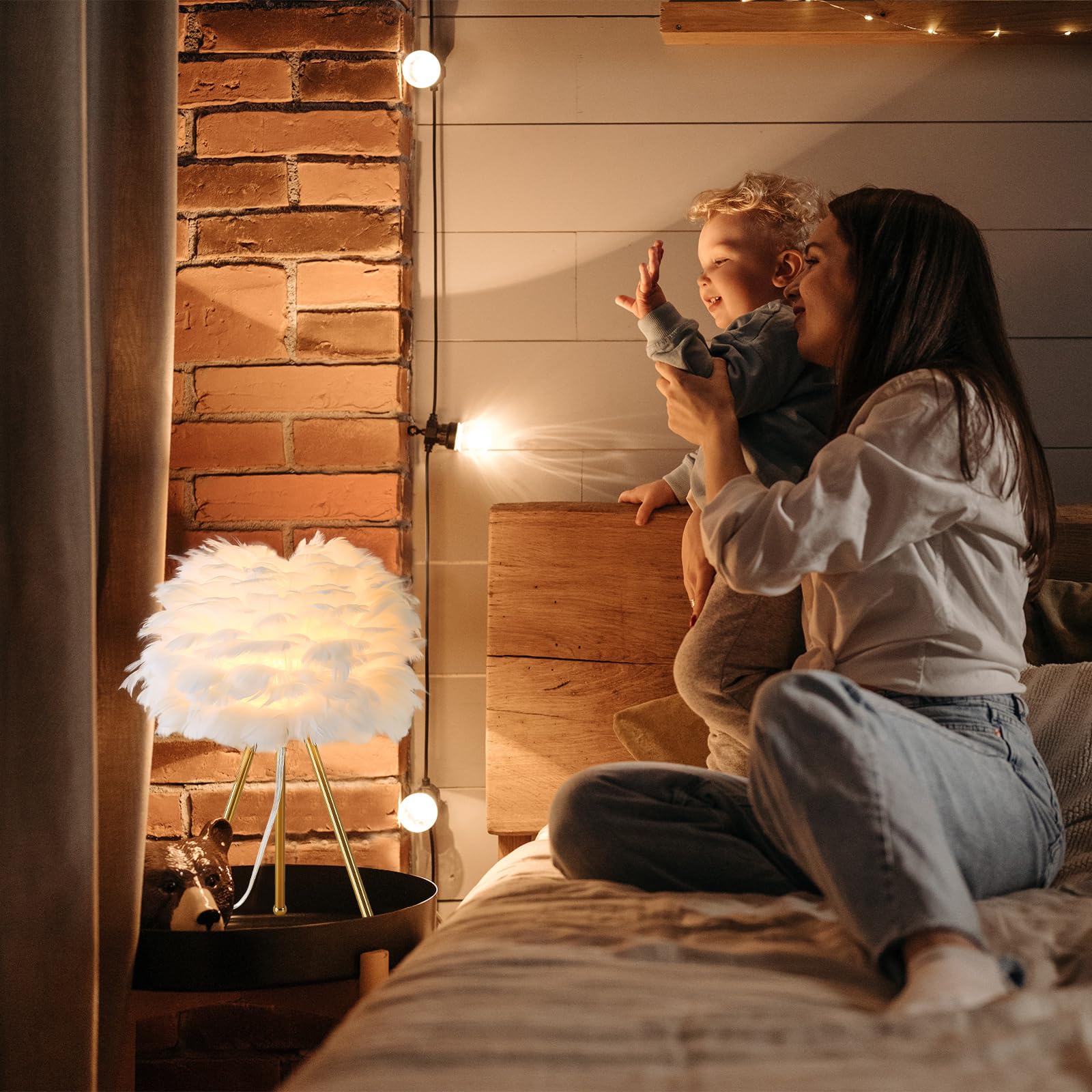 Capslpad Feather Tripod Table Lamp - 15.3" Modern White Bedside/Desk Lamp With Gold Finish For Living Room, Nursery, Kids, Bedroom, Girls Room Decor