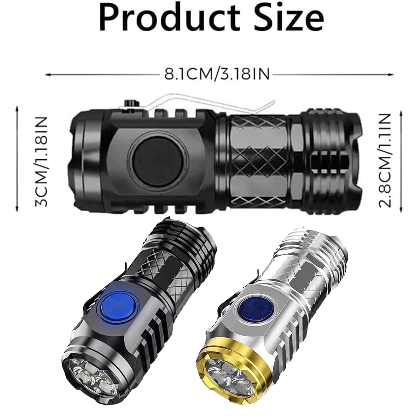 Eisnzlan 2Pcs German Three-Eyed Monster Mini Flash Super Power Flashlight, 3 Eyed Monster Flashlight,Thumb Flashlight Mini Flashlights, Pocket Flashlight, Portable Mini Torch, Led Flashlight（Black+Silver）