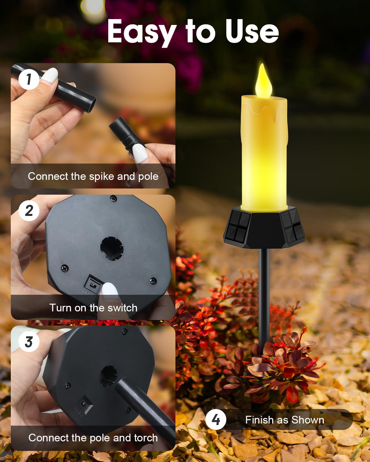 Gileolant Solar Lights Outdoor Waterproof, Electric Led Flameless Candles With 3 Solar Panels, Solar Pathway Lights For Garden Yard Home Outdoor Party Camping Decorations, 4 Pack