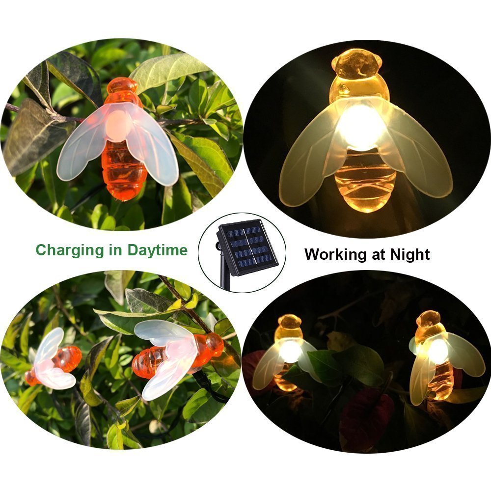 Dinowin Honey Bees Lights, Bee String Lights Solar Power Honeybee Fairy String Lights Waterproof 30 Led For Outdoor Garden Summer Party Wedding Xmas Decoration (Warm White)