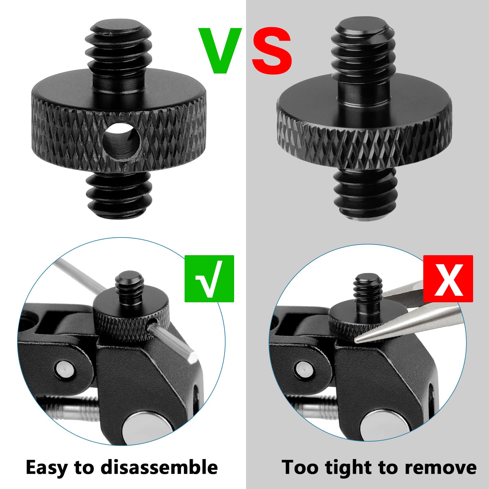 Sanchamy 1/4" Male To 1/4" Male Threaded Tripod Screw Adapter Standard Mounting Thread Converter W/Hole For Camera Cage Mount Light Stand Monopo Shoulder Rig Tripod-6 Packs(Hex Wrench Included)