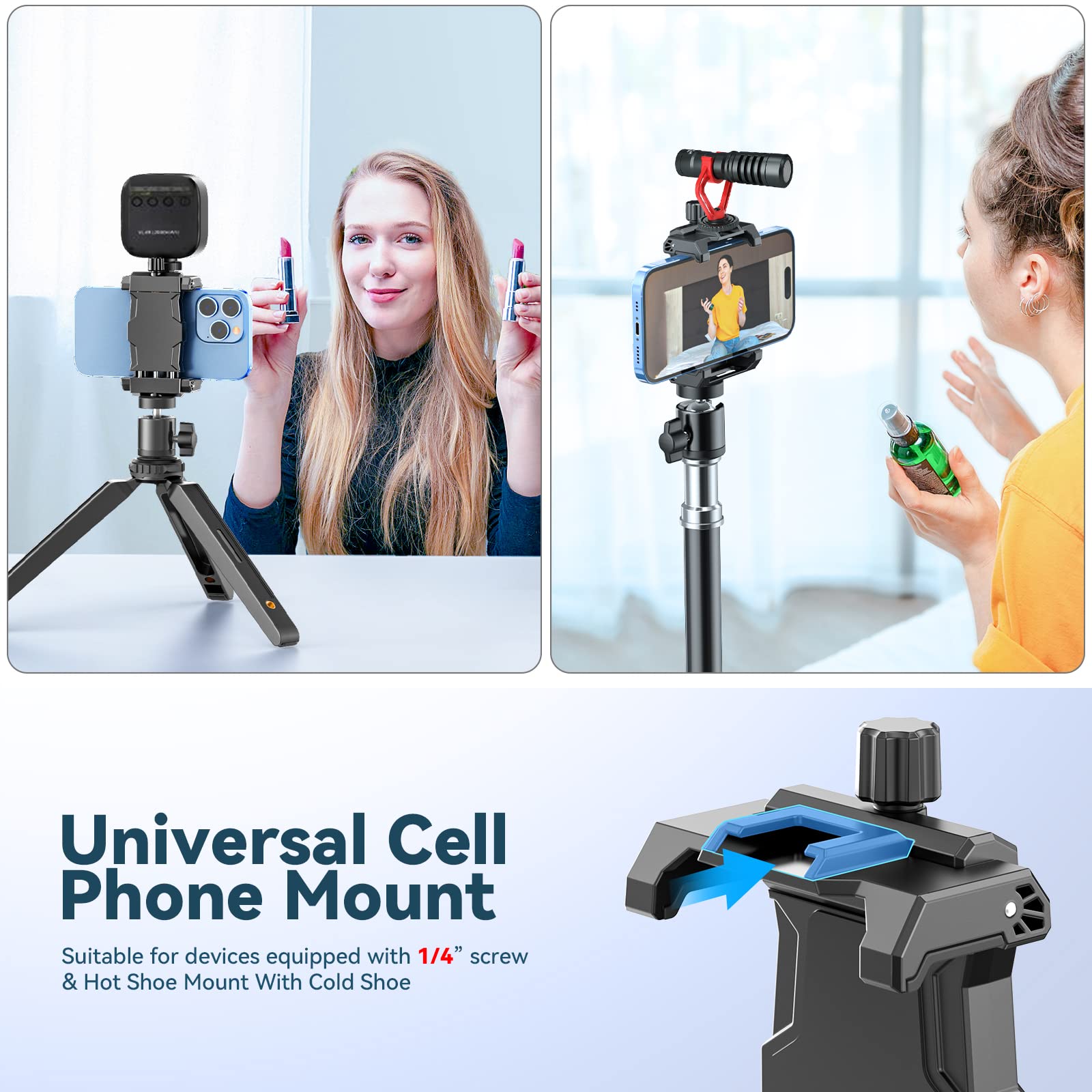 Kdd Cell Phone Tripod Mount Adapter With Ball Head, 360° Rotating Phone Holder Stand For Tripod With Cold Shoe, Smartphone Clamp For Iphone 15 14 13