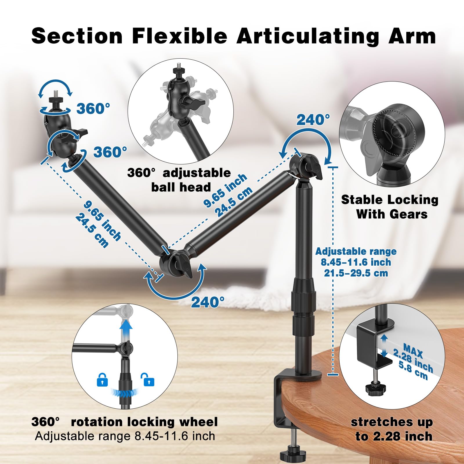 Jubor Overhead Camera Mount For Desk, 30.9" Webcam Stand With 1/4" Screws, 360° Adjustable Tabletop C-Clamp Stand For Dslr, Webcam, Digital Cameras, Mini Projector,Microphone