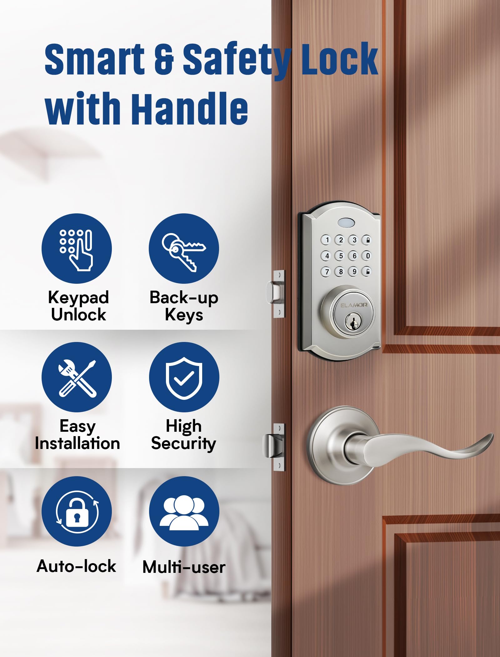 Elamor M19 Keyless Entry Door Lock With 2 Lever Handles, Auto Lock, 50 User Codes, Easy-To-Install Smart Door Lock For Front Door, Waterproof Security Handle Set, Home/Hotel Use, Sand Nickel