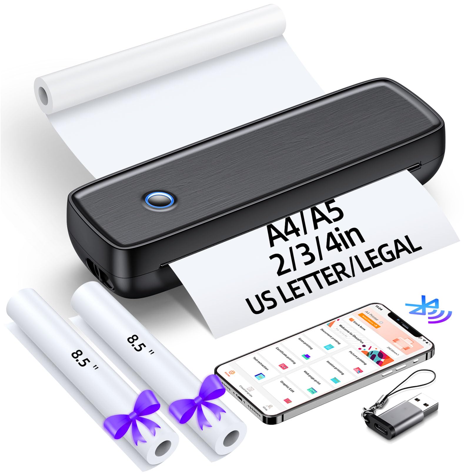 Aixiqee Portable Printer Wireless for Travel，Bluetooth Thermal Support 8.5inches X 11inches US Letter &Legal, A4&A5 Thermal Paper, Inkless Compatible with iOS, Android & Laptop for Office Car Home