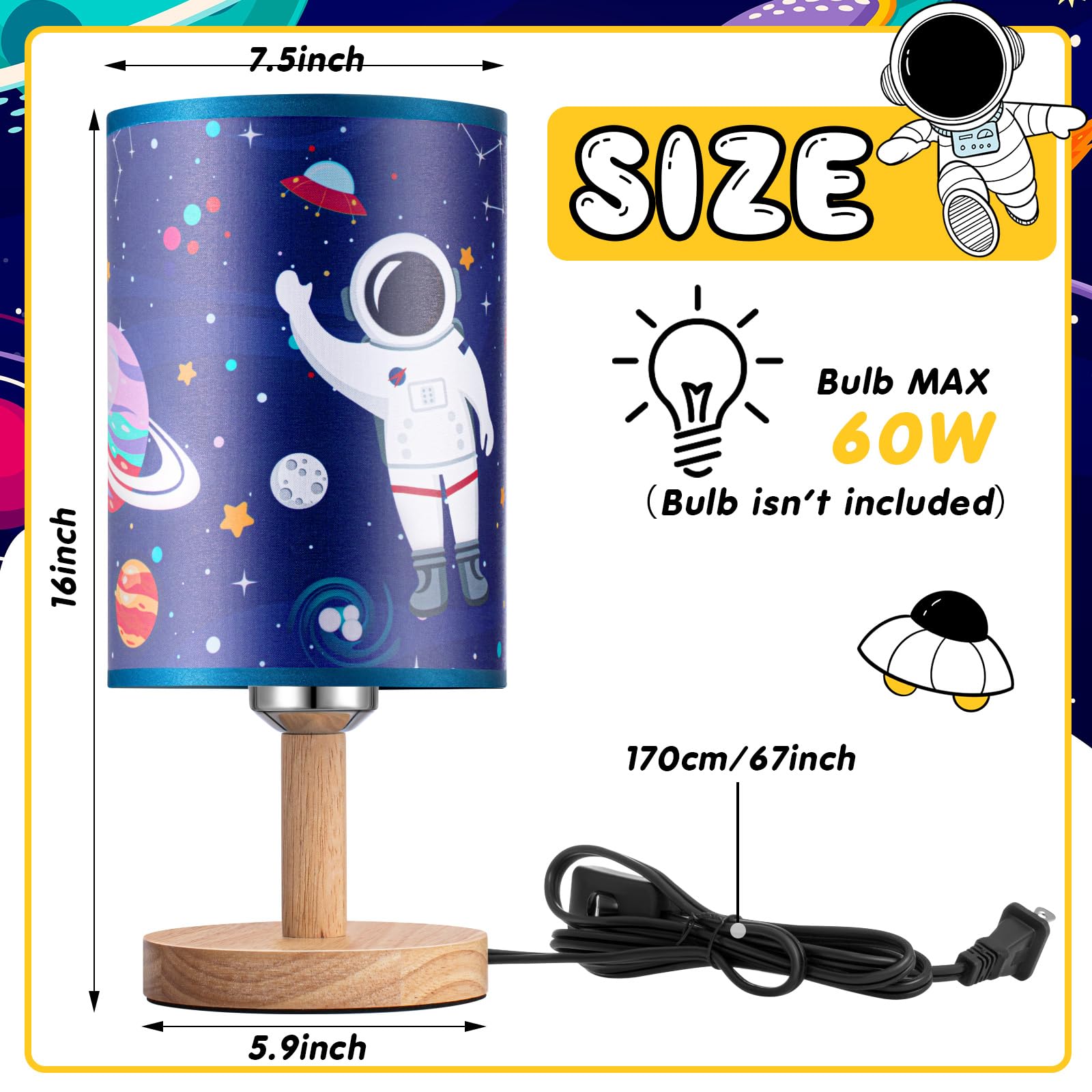 Tujoe Kids Table Lamp With Linen Lampshade Nightstand Animal Baby Desk Bedside For Reading Bedroom Living Room Home Office(Space Astronaut)