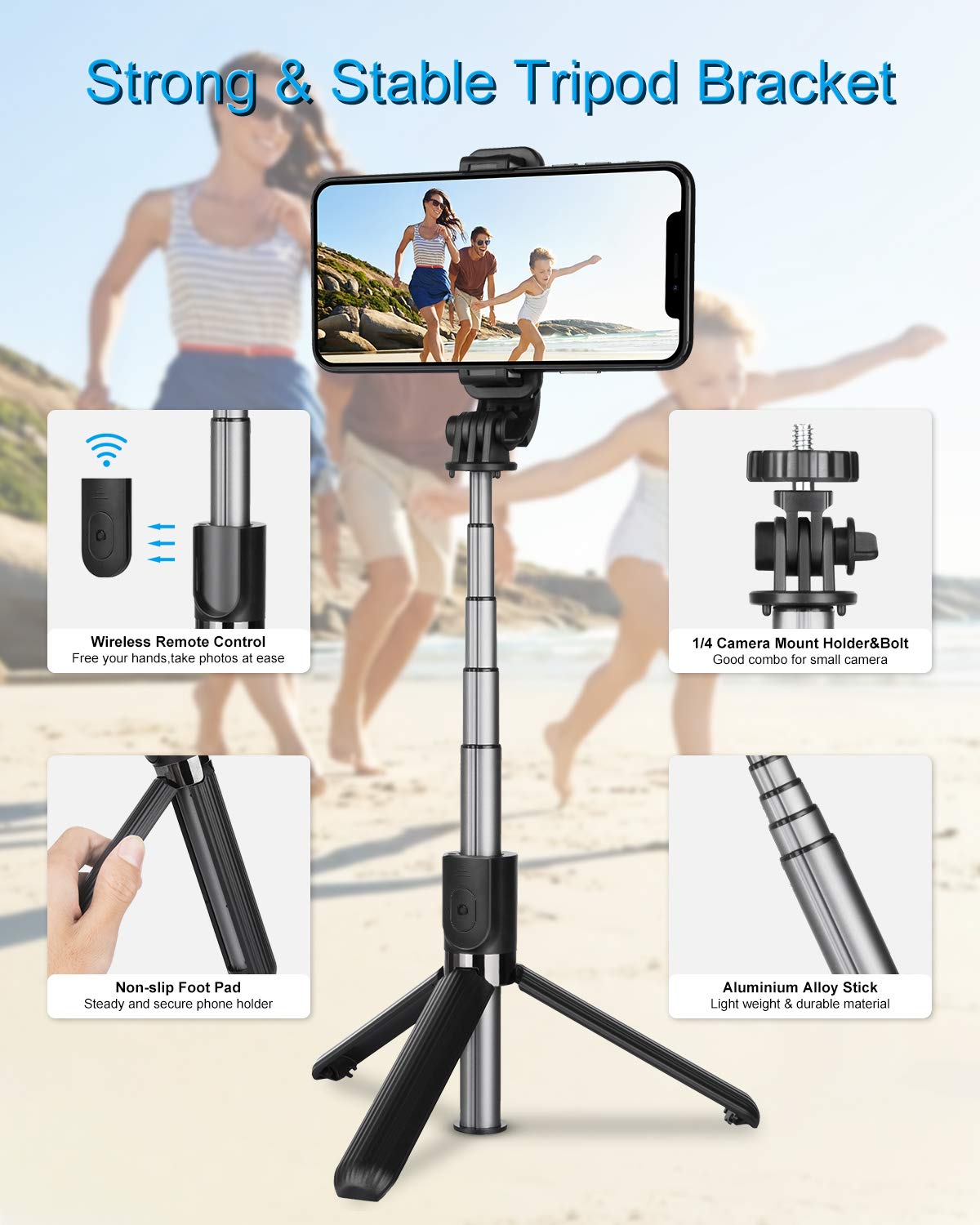 Tvache Travel Selfie Stick Tripod - Bluetooth Remote Control Phone Holder Stand,Portable,Lightweight,Extendable For Iphone 15 14 13 12 11 Pro Max Xr 8 7 Plus,Samsung Galaxy S23/S22/S21/S20,Android Etc