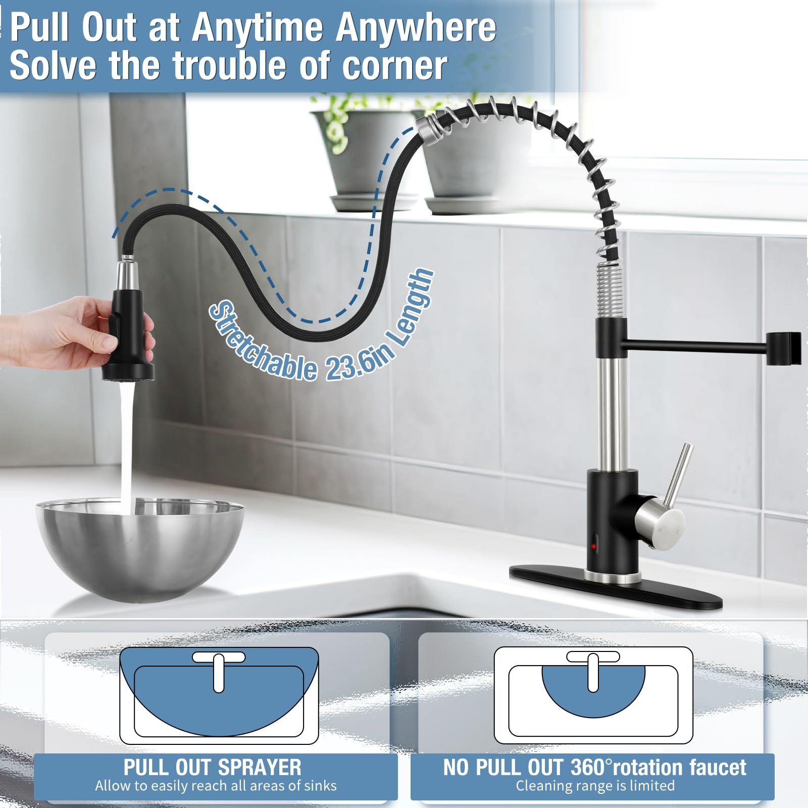 Djs Kitchen Faucets With Pull Down Sprayer Matte Black & Brushed Nickel -【Touchless】 Single Handle 1 Or 3 Holes Spring Kitchen Sink Faucet With Deck Plate For Farmhouse Rv Vessel Basin