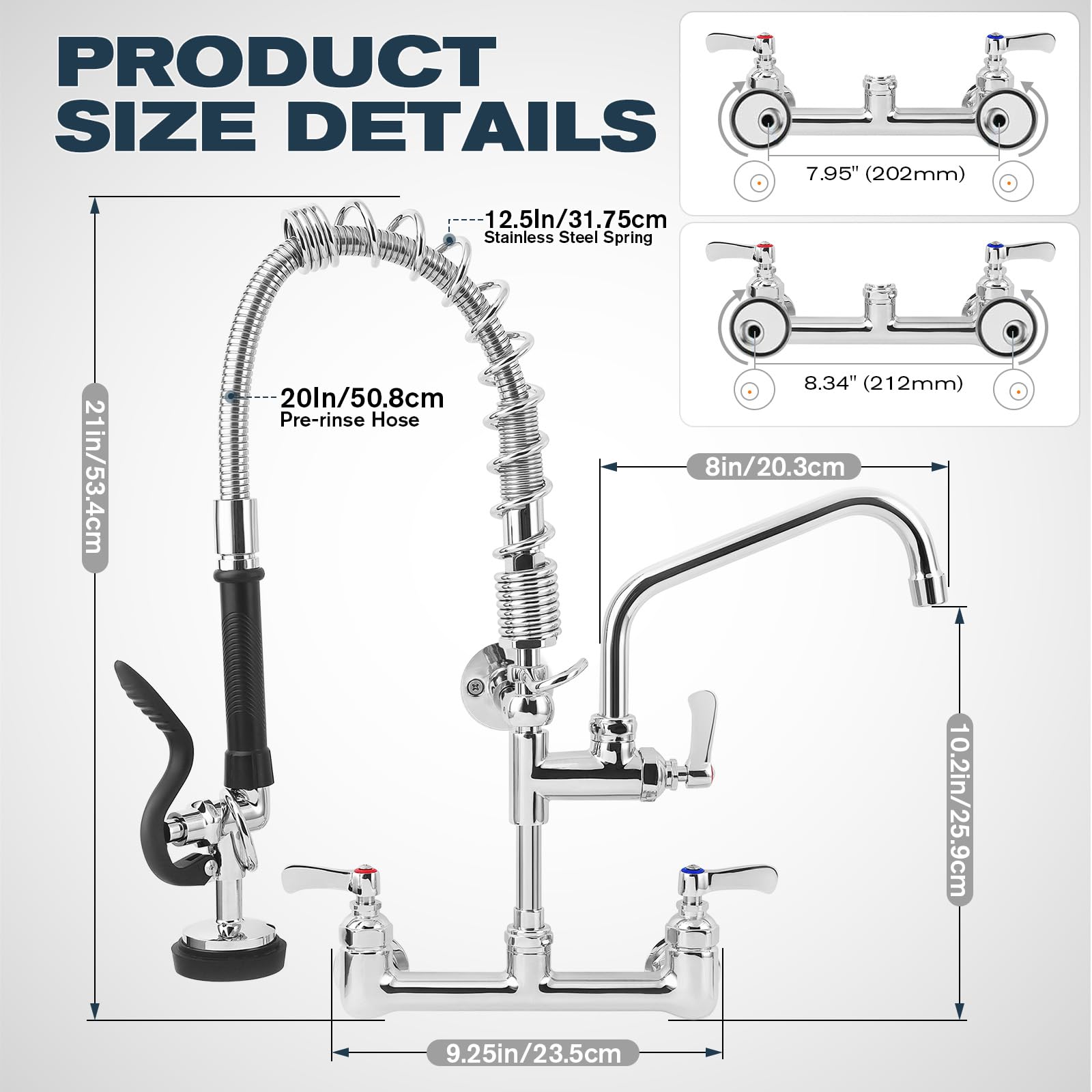 Bzimak Commercial Sink Faucet - 21" Height Commercial Faucet Wall Mount With Pre-Rinse Sprayer - 8" Adjustable Center And 8" Add-On Swing Spout, Commercial Kitchen Faucet With Pull Down Spray