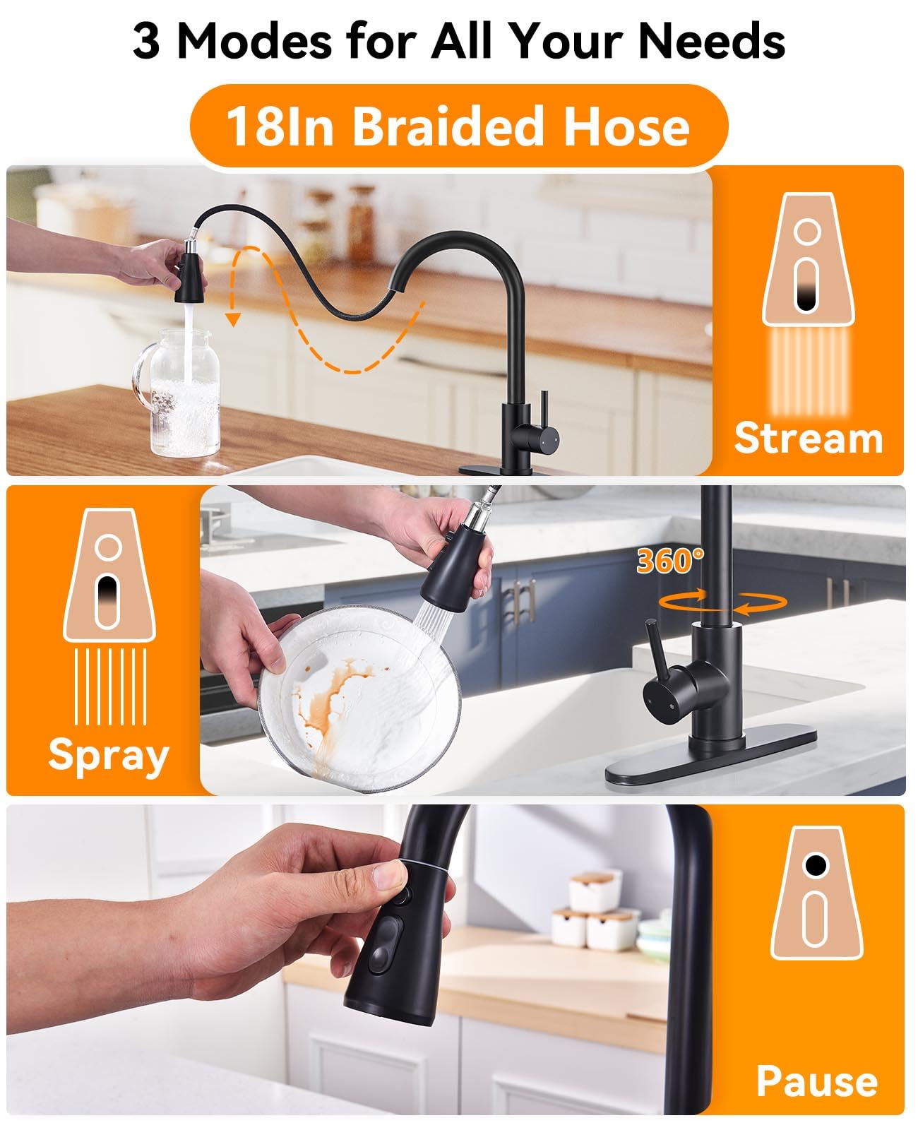 Jafeton Modern Kitchen Faucets With 3 Modes And Pull Down Sprayer, Matte Black Stainless Steel High Arc Single Handle 360° Swivel Kitchen Sink Faucets 1 Or 3 Hole For Farmhouse Laundry Camper Rv Bar
