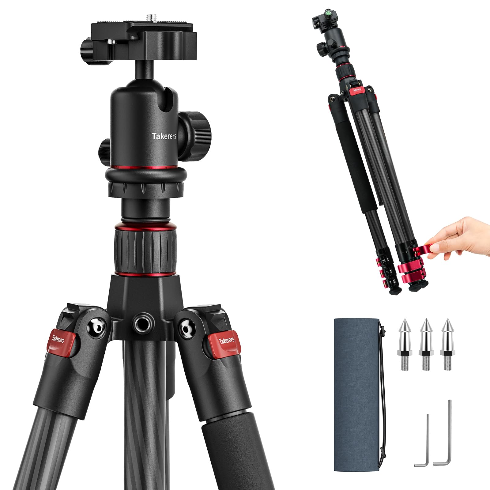 Takerers Carbon Fiber Tripod For Camera Dslr, 62''/158Cm Professional Camera Tripod Stand, Travel Portable Video Compact Stand For Sony Nikon Canon Dslr Etc,360° Mental Ball Head, Max Load 26.5Lb/12Kg