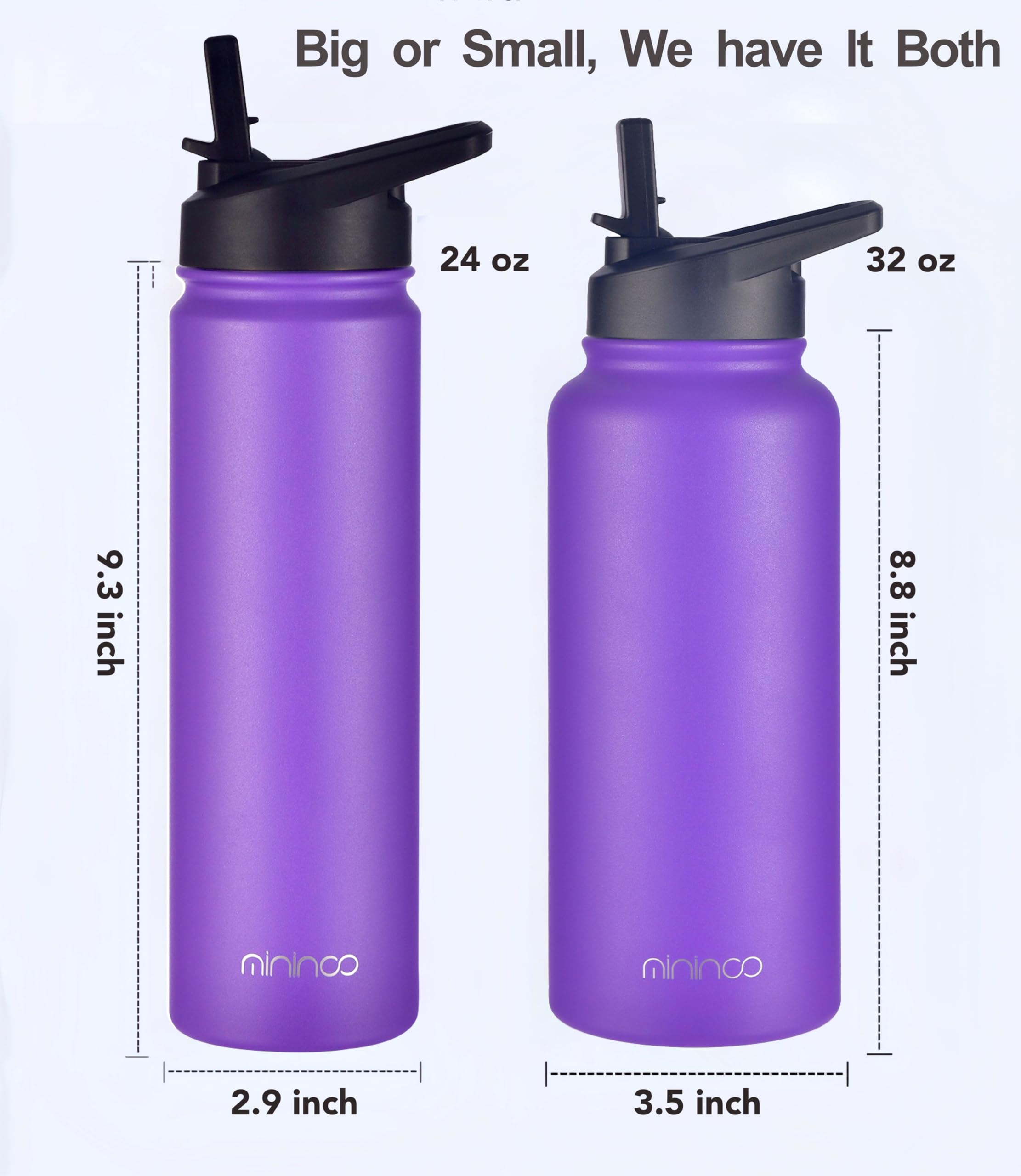 Mininoo 24 Oz Insulated Water Bottle With Straw, Stainless Steel Double Wall Vacuum Thermos