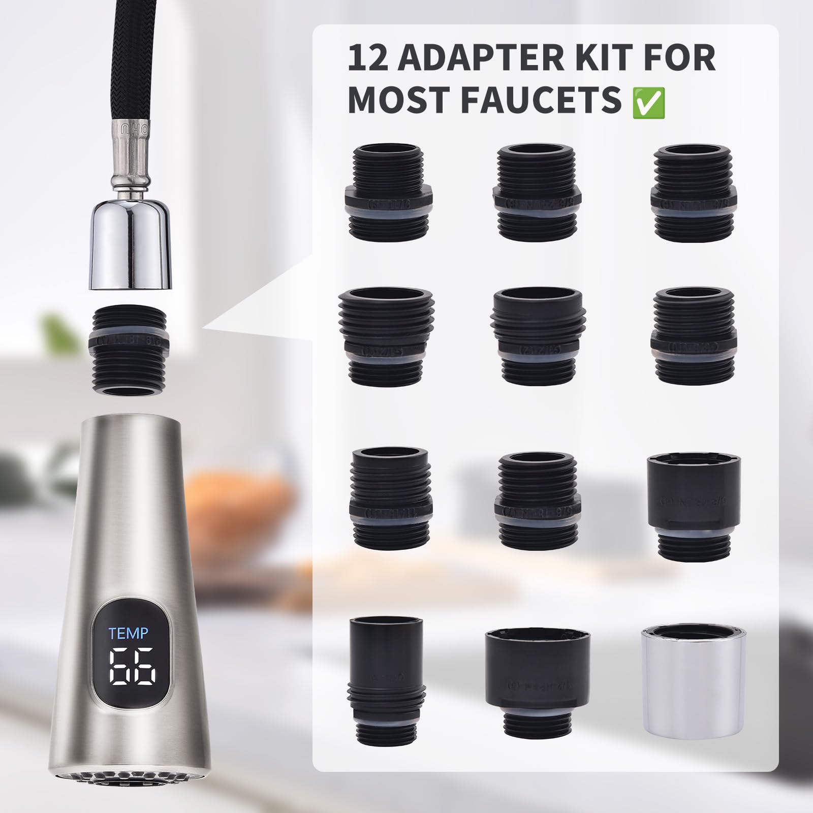 Homelody Pull Down Kitchen Faucet Head Replacement, Led Temperature Display Sink Spray Nozzle With 12 Adapters, Kitchen Sink Faucet Head Brushed Nickel