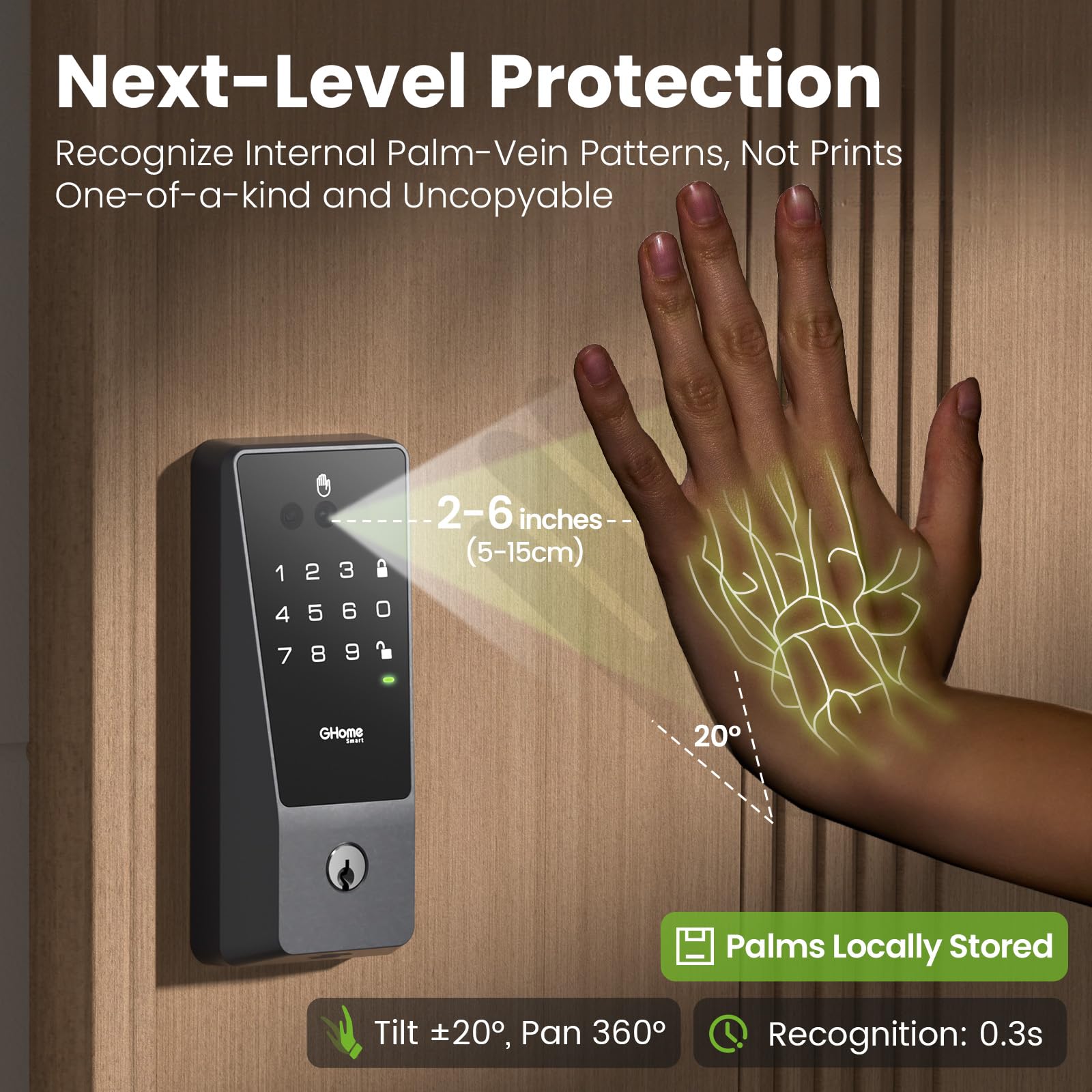 Ghome Smart Door Lock, Palm Vein Smart Locks For Front Door, 5 In 1 Keyless Entry Door Lock, Alexa Control, Auto Lock, Built-In Wifi, Rechargeable Battery, Smart Deadbolt