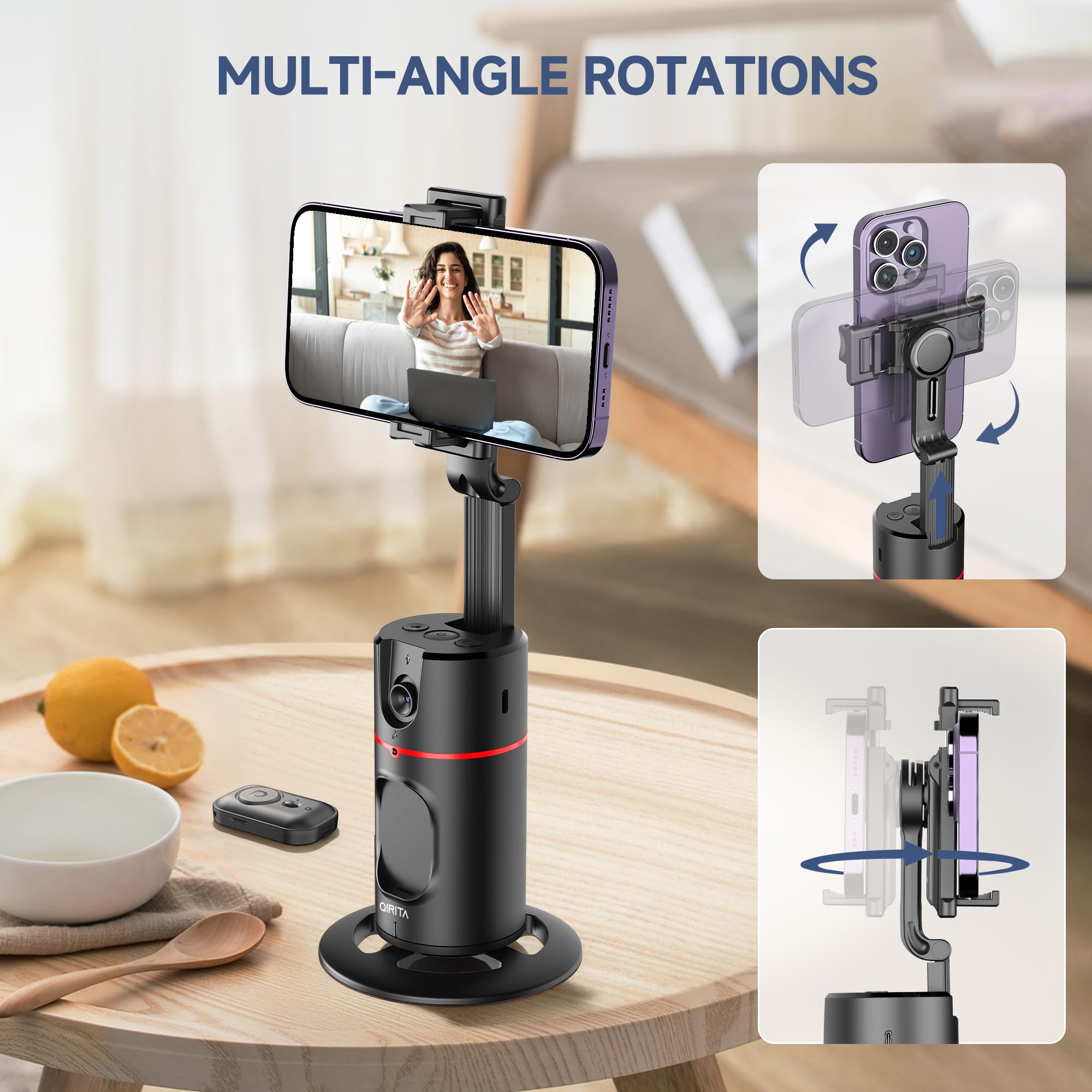 Qirita Auto Face Tracking Tripod, No App, Smart Shooting Phone Holder With Remote, 360° Rotation Body Phone Camera Mount Extendable Body Smart Tracking Tripod For Vlog/Tik Tok, Rechargeable Battery (Black)