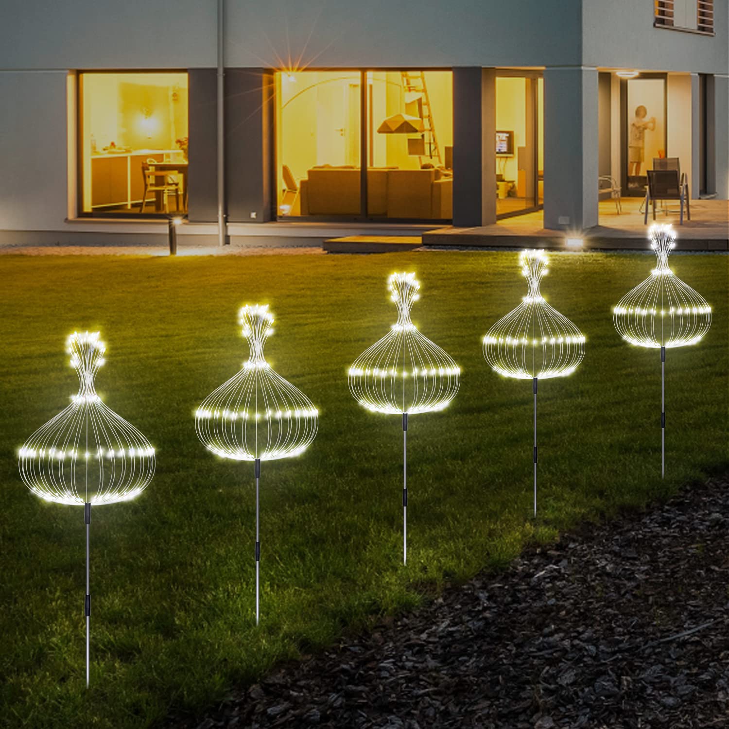 Maleyt Solar Garden Lights Outdoor Fireworks Lights, 5 Pack Decorative Solar Lamps Waterproof String Lights Diy Fairy Stake Landscape Light 8 Modes With Remote For Lawn Backyard Patio Pathway(Cool White)