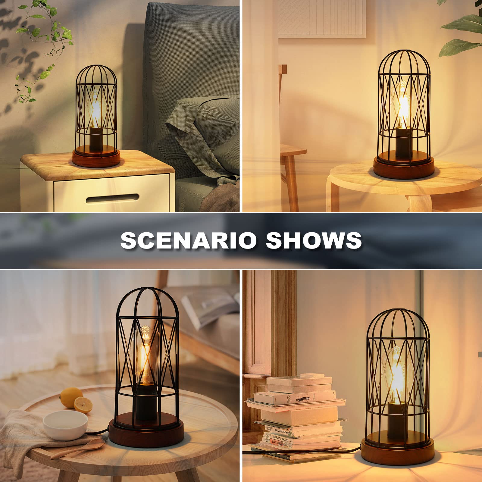 Gyrovu Industrial Table Lamp, Small Touch Control Edison Desk Lamp 3 Way Dimmable Vintage Bedside Lamp With Ac Outlet Metal Cage Steampunk Nightstand Lamp For Living Room, Bedroom Or Den
