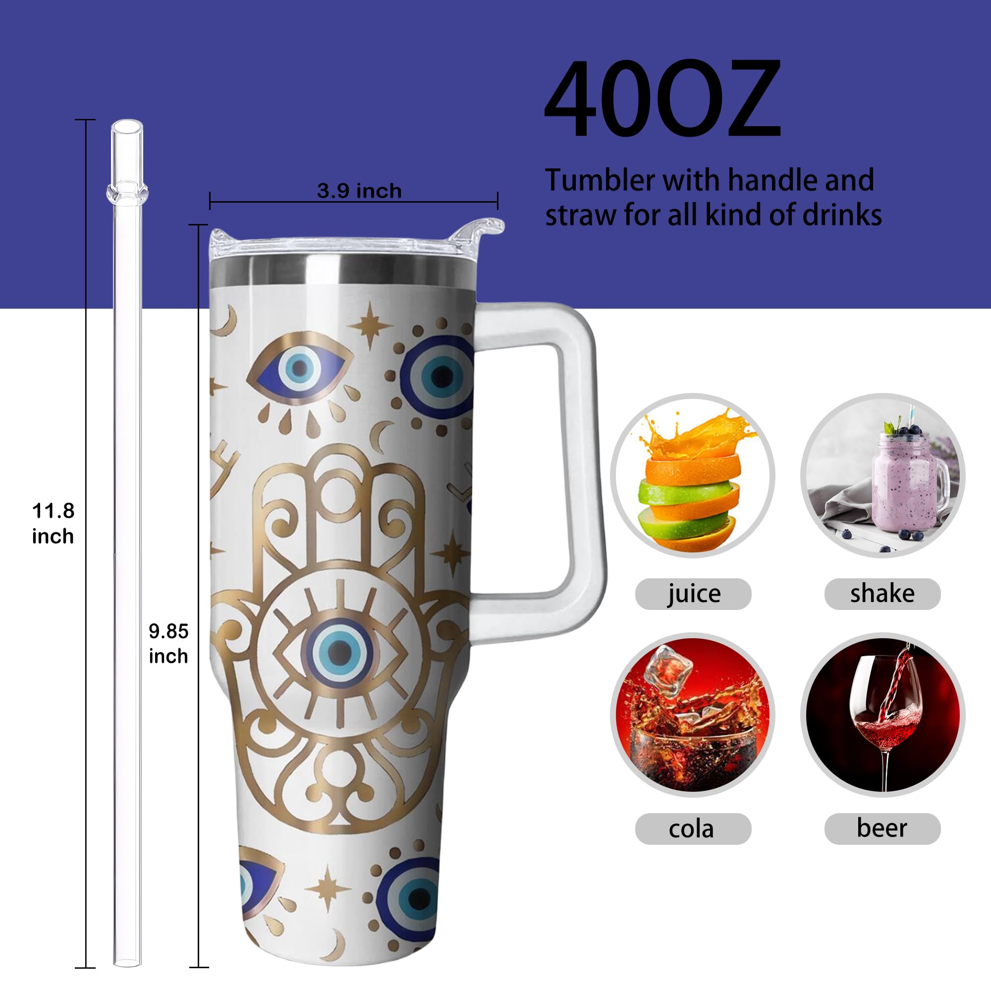 40Oz Evil Eye Tumbler With Handle And Flip Straw, Evil Eyes Hand Stainless Steel Insulated Cup