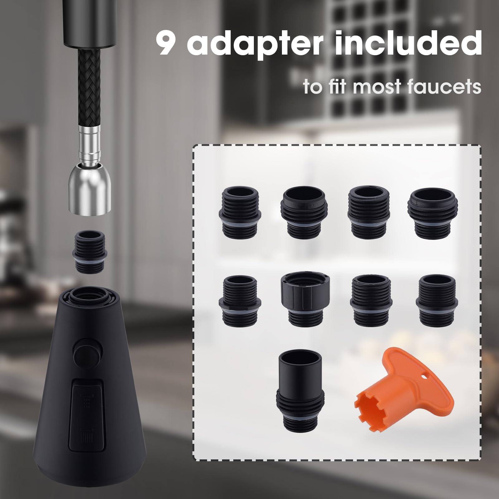 Clovermap Pull Down Kitchen Faucet Sprayer Head Replacement, 3 Mode Kitchen Tap Spray Spout Part Connector, Matte Black Pull Out Sink Spray Nozzle With 9 Adapters